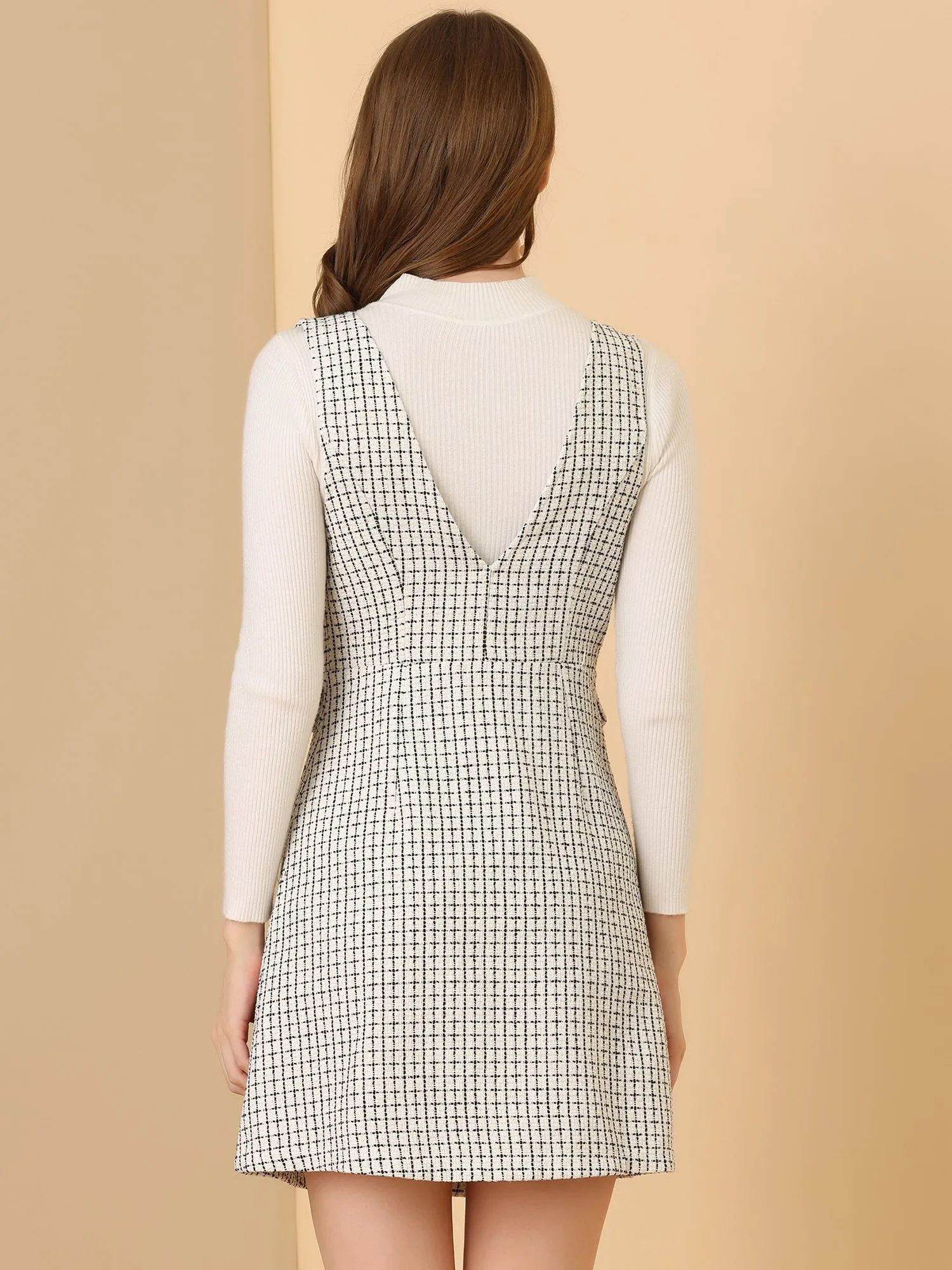 Elegant Button Front V Neck Plaid Tweed Overalls Pinafore Dress