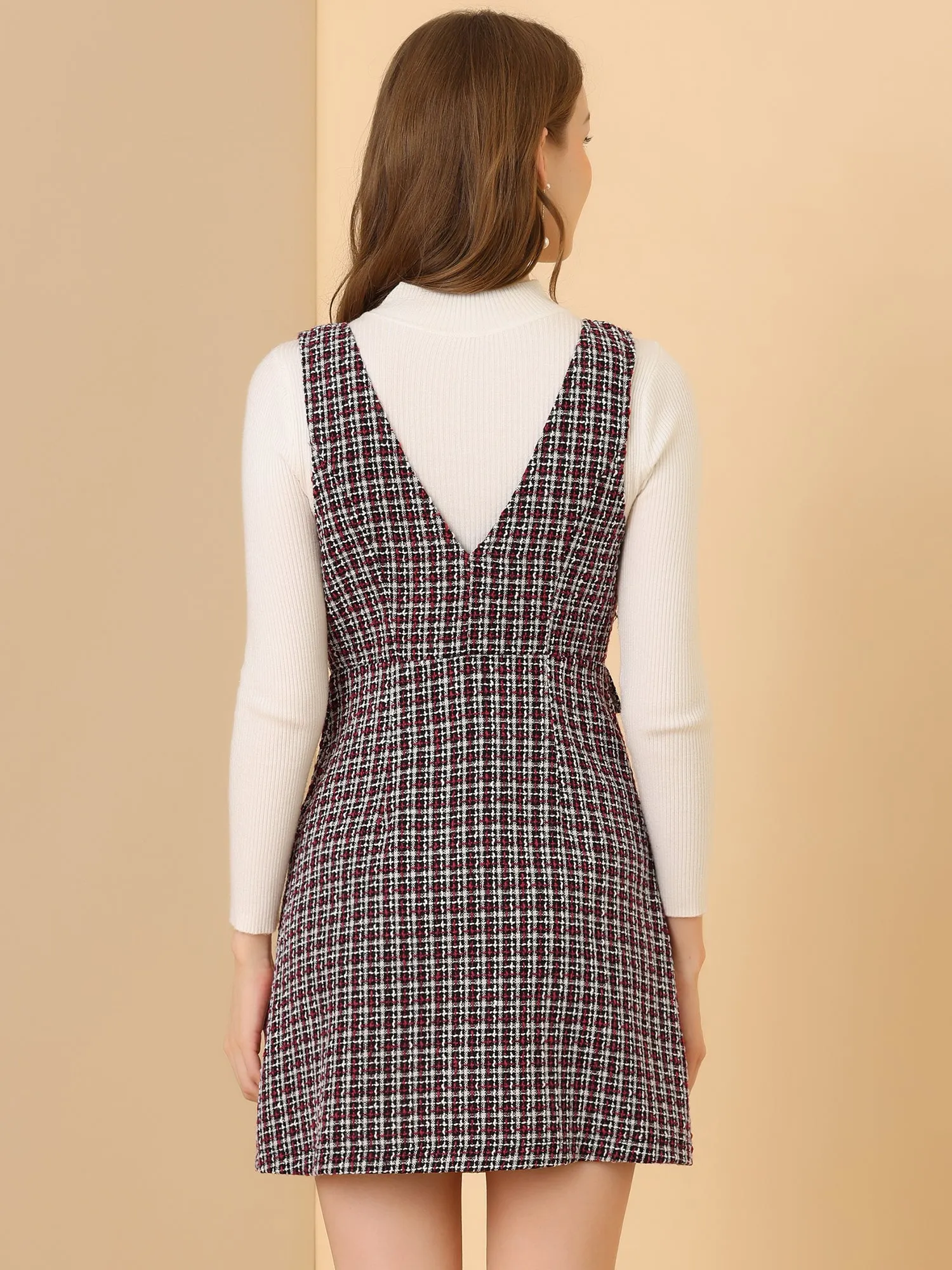 Elegant Button Front V Neck Plaid Tweed Overalls Pinafore Dress