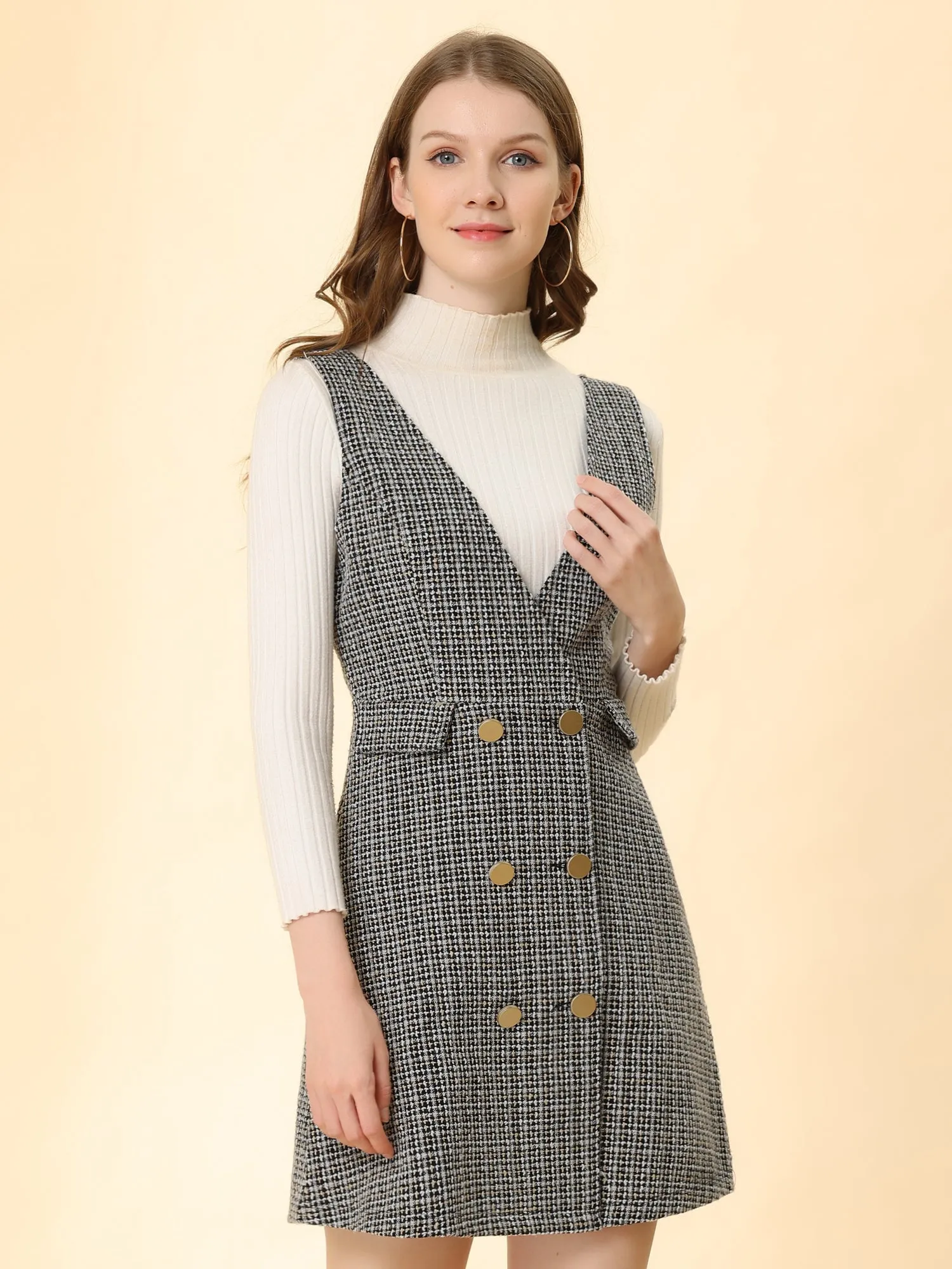 Elegant Button Front V Neck Plaid Tweed Overalls Pinafore Dress