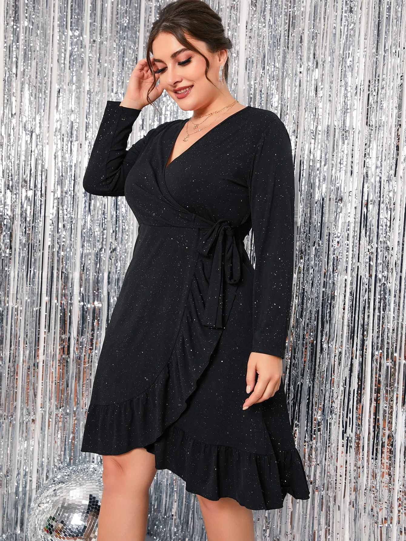 Elegant Plain Wrap Long Sleeve V Neck Wrap High Waist Knee Length Plus Size Dress