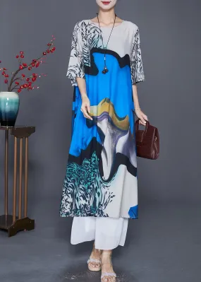 Fine Blue Oversized Print Silk Maxi Dresses Half Sleeve LY7613