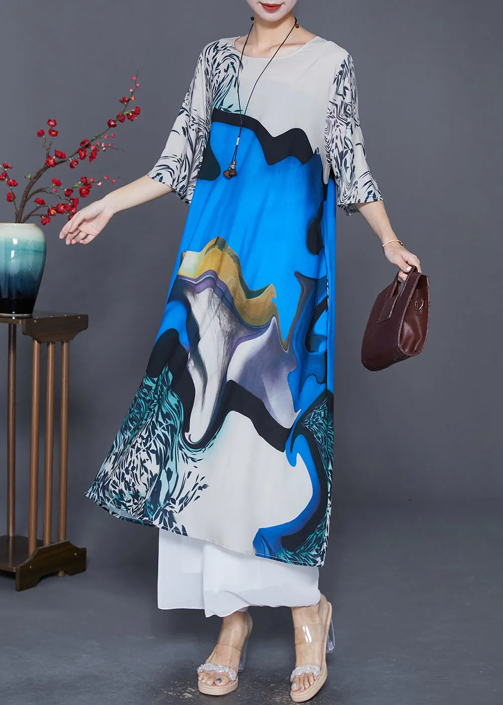 Fine Blue Oversized Print Silk Maxi Dresses Half Sleeve LY7613