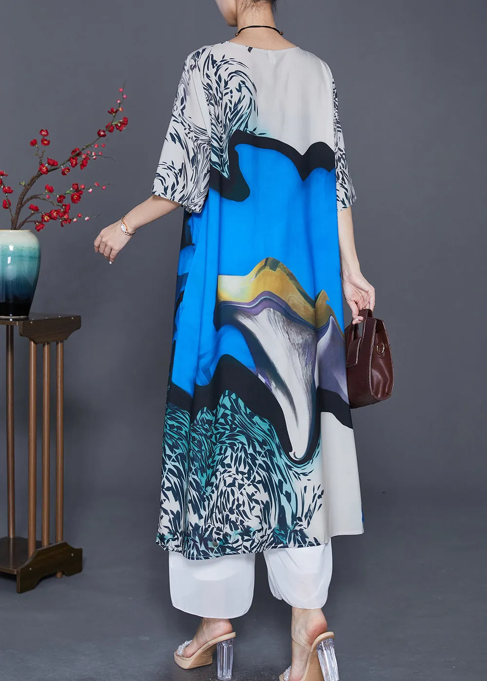 Fine Blue Oversized Print Silk Maxi Dresses Half Sleeve LY7613