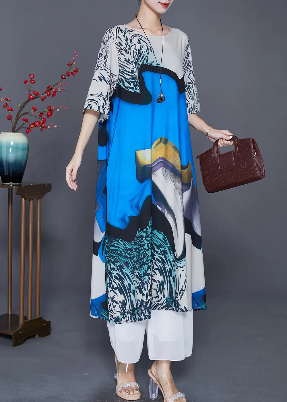 Fine Blue Oversized Print Silk Maxi Dresses Half Sleeve LY7613