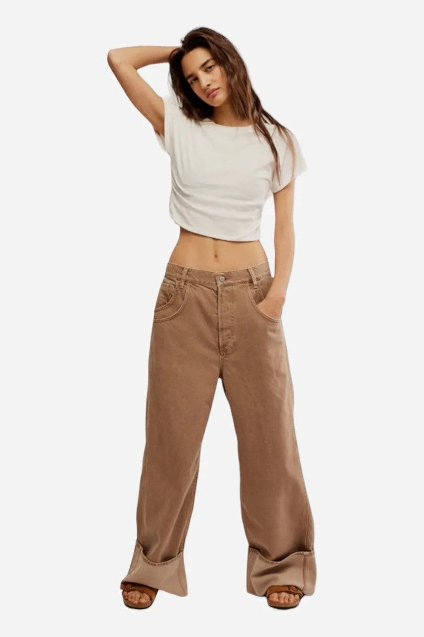 Free People Final Countdown Cuffed Mid Rise Wide Leg Pants in Tumbleweed