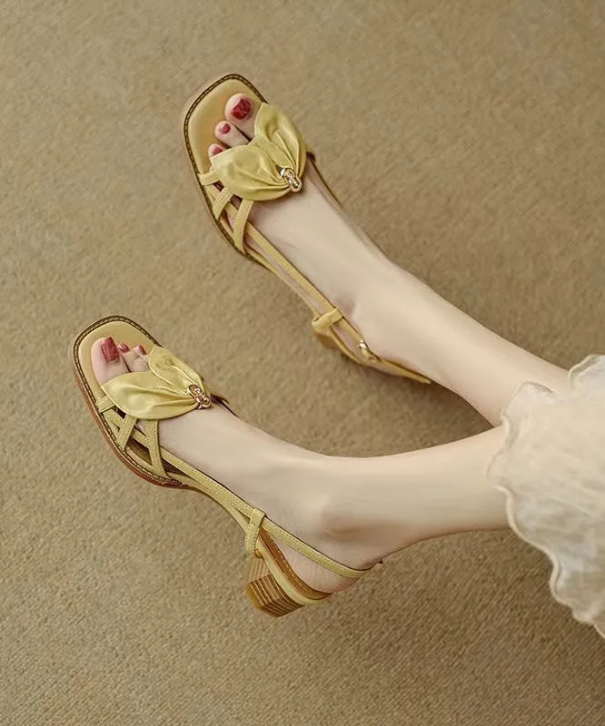 French Yellow Bow Hollow Out Chunky Sandals Peep AP1048