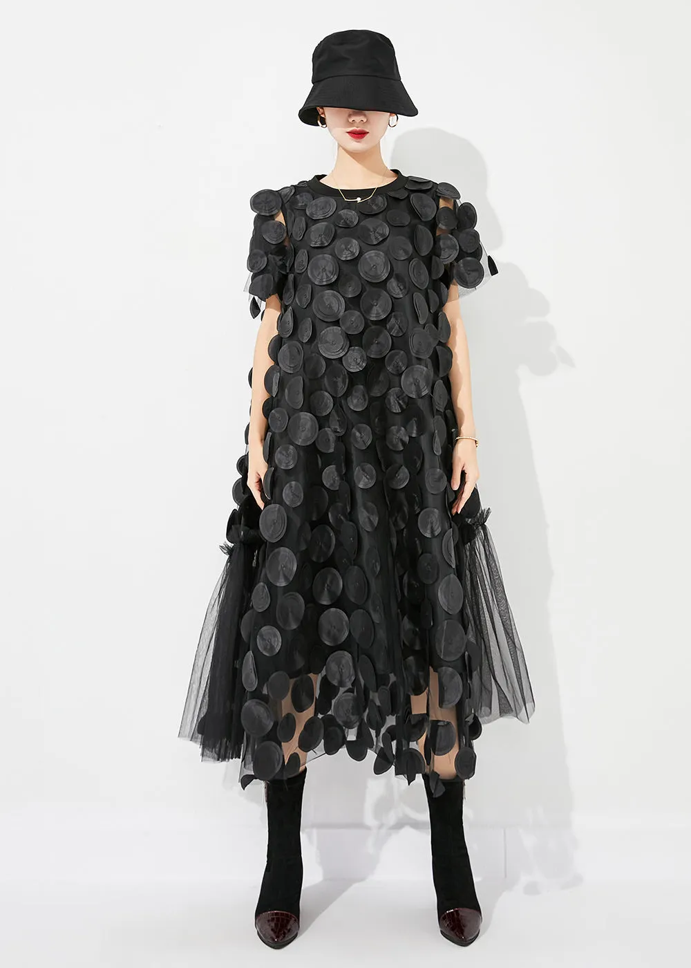 Handmade Black Oversized Patchwork Tulle Robe Dresses Summer LY0834