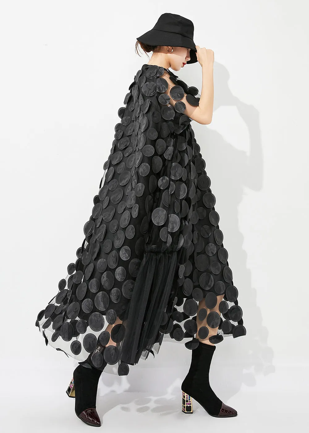 Handmade Black Oversized Patchwork Tulle Robe Dresses Summer LY0834