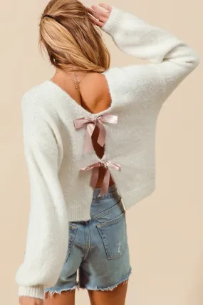 Itzel Satin Bow Ribbon Embellished Open Back Sweater Top