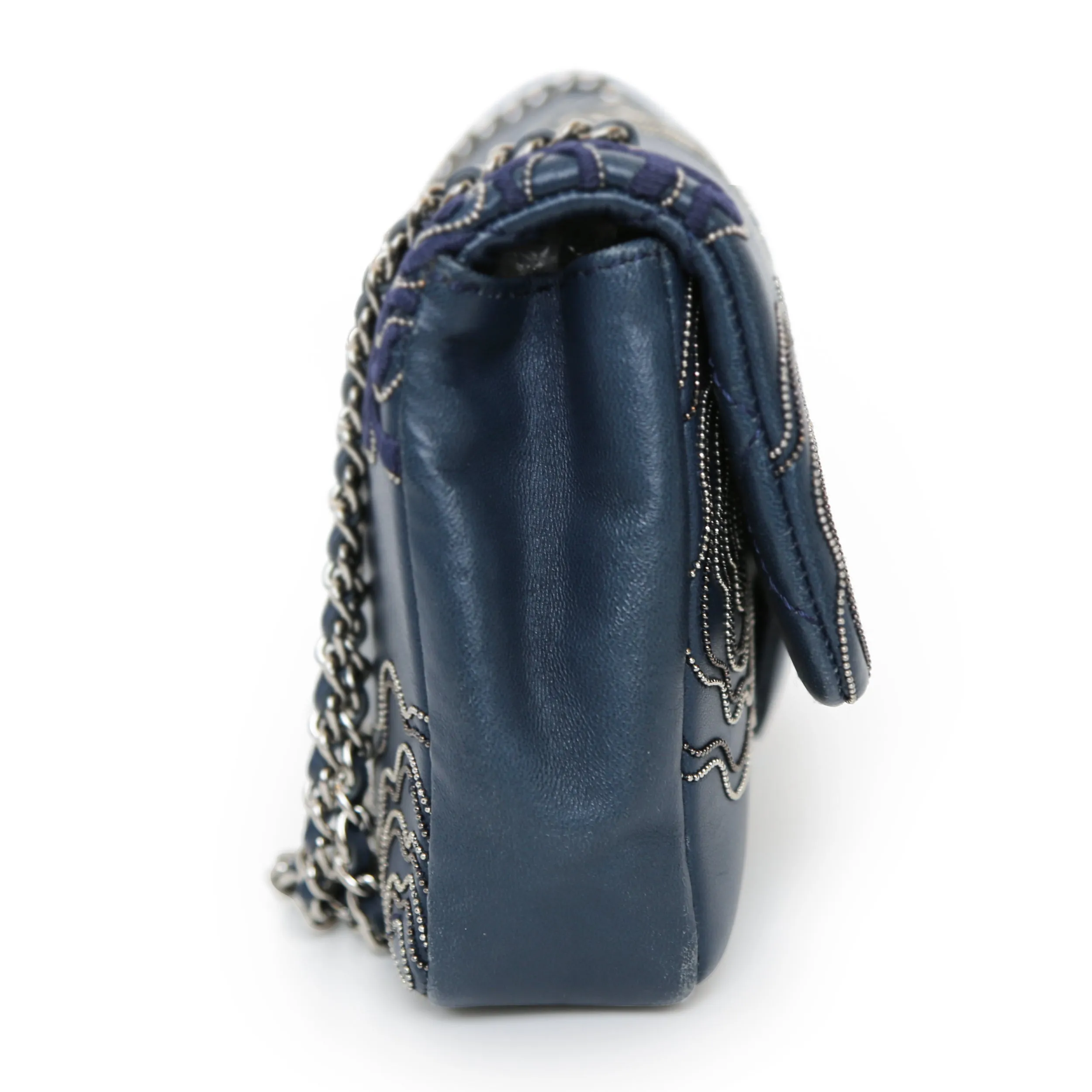 Lambskin Embroidered Camellia Navy Flap Bag