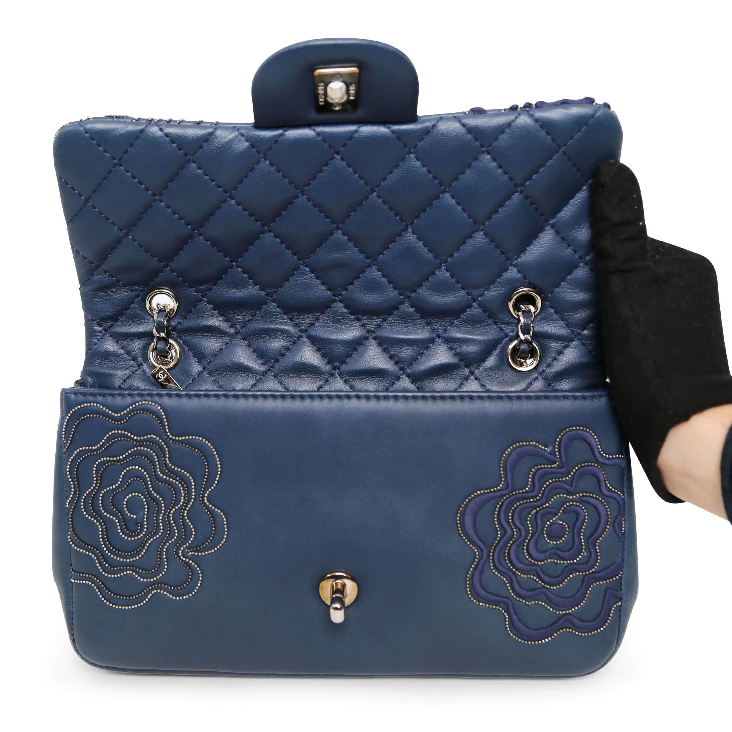 Lambskin Embroidered Camellia Navy Flap Bag