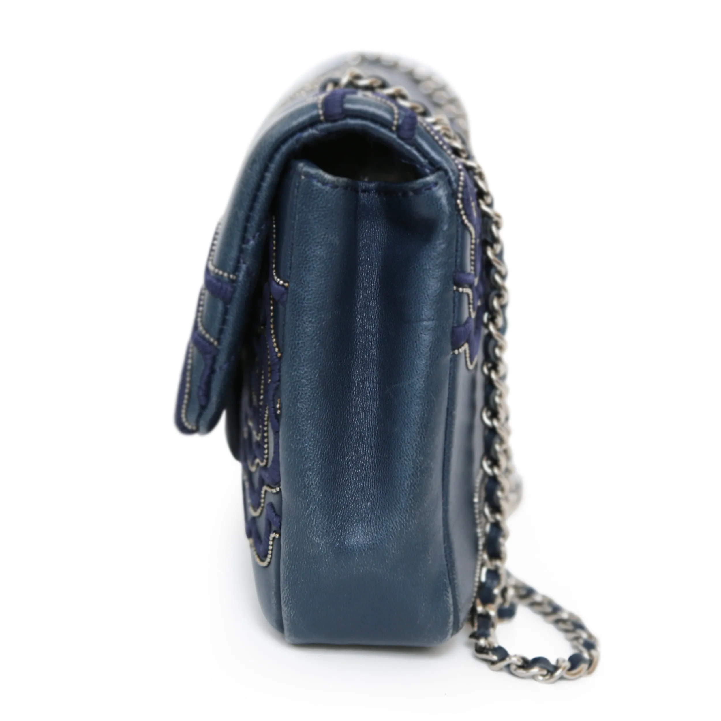 Lambskin Embroidered Camellia Navy Flap Bag