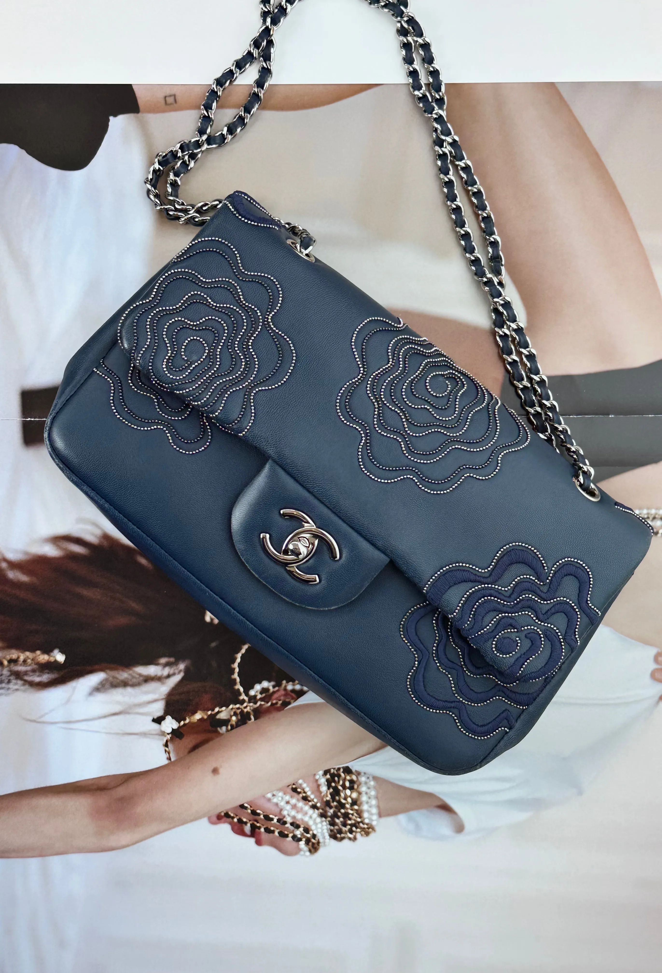 Lambskin Embroidered Camellia Navy Flap Bag