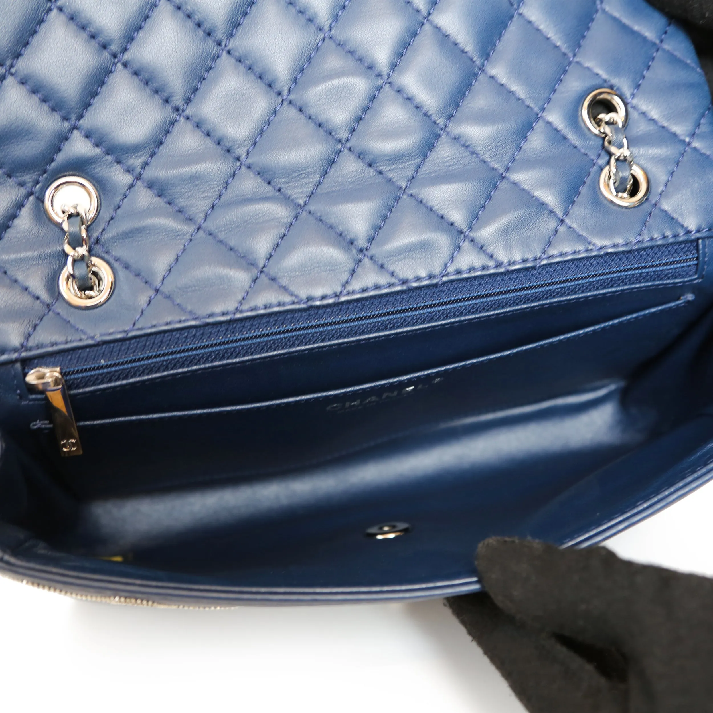 Lambskin Embroidered Camellia Navy Flap Bag