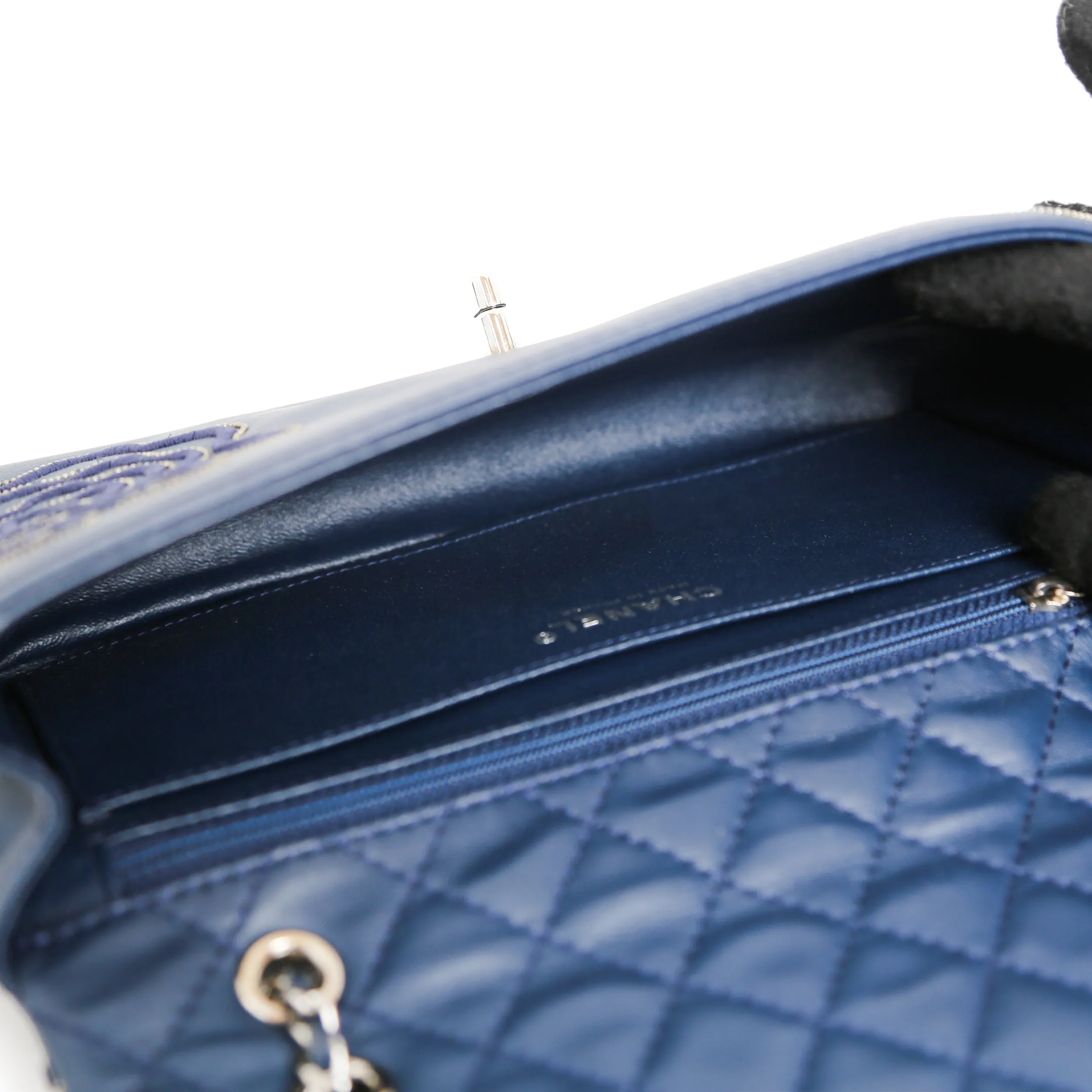 Lambskin Embroidered Camellia Navy Flap Bag