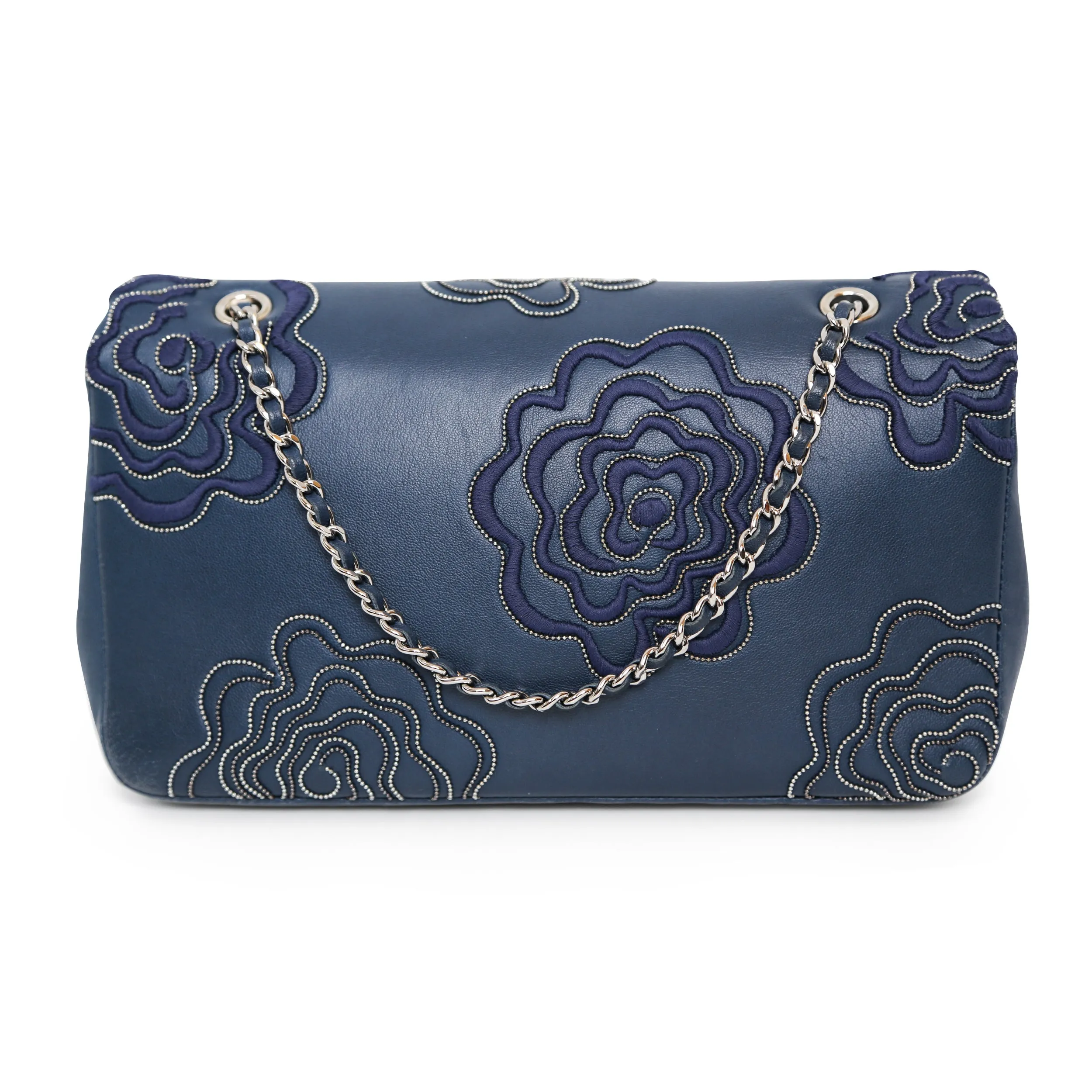 Lambskin Embroidered Camellia Navy Flap Bag