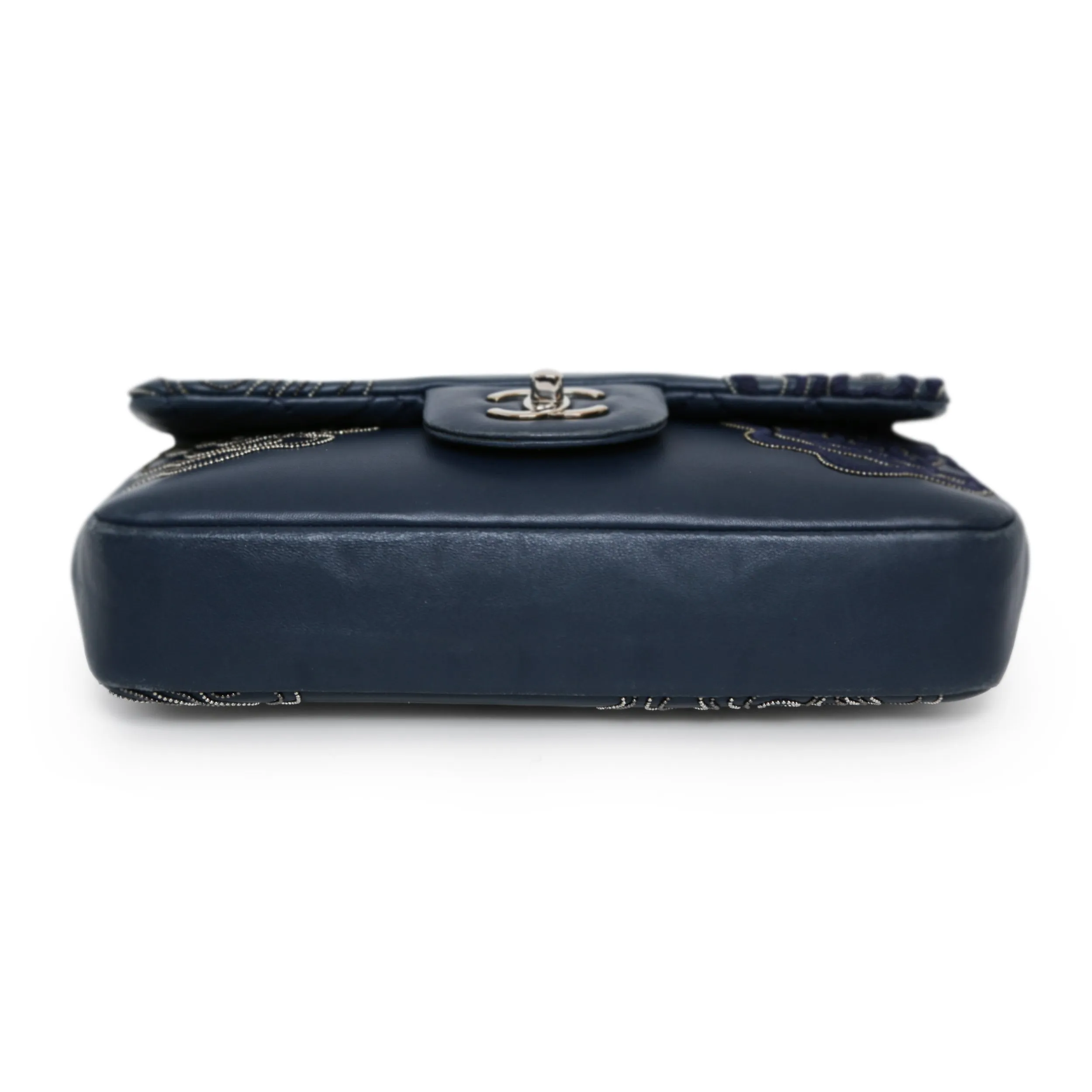 Lambskin Embroidered Camellia Navy Flap Bag