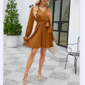 Lantern Sleeve Solid Color V-Neck Pleated Long-Sleeved Dress Wholesale Dresses