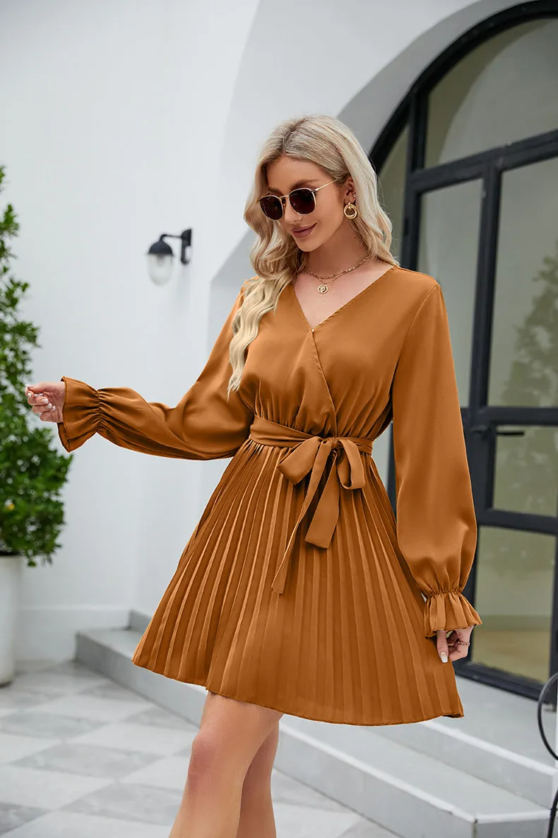 Lantern Sleeve Solid Color V-Neck Pleated Long-Sleeved Dress Wholesale Dresses