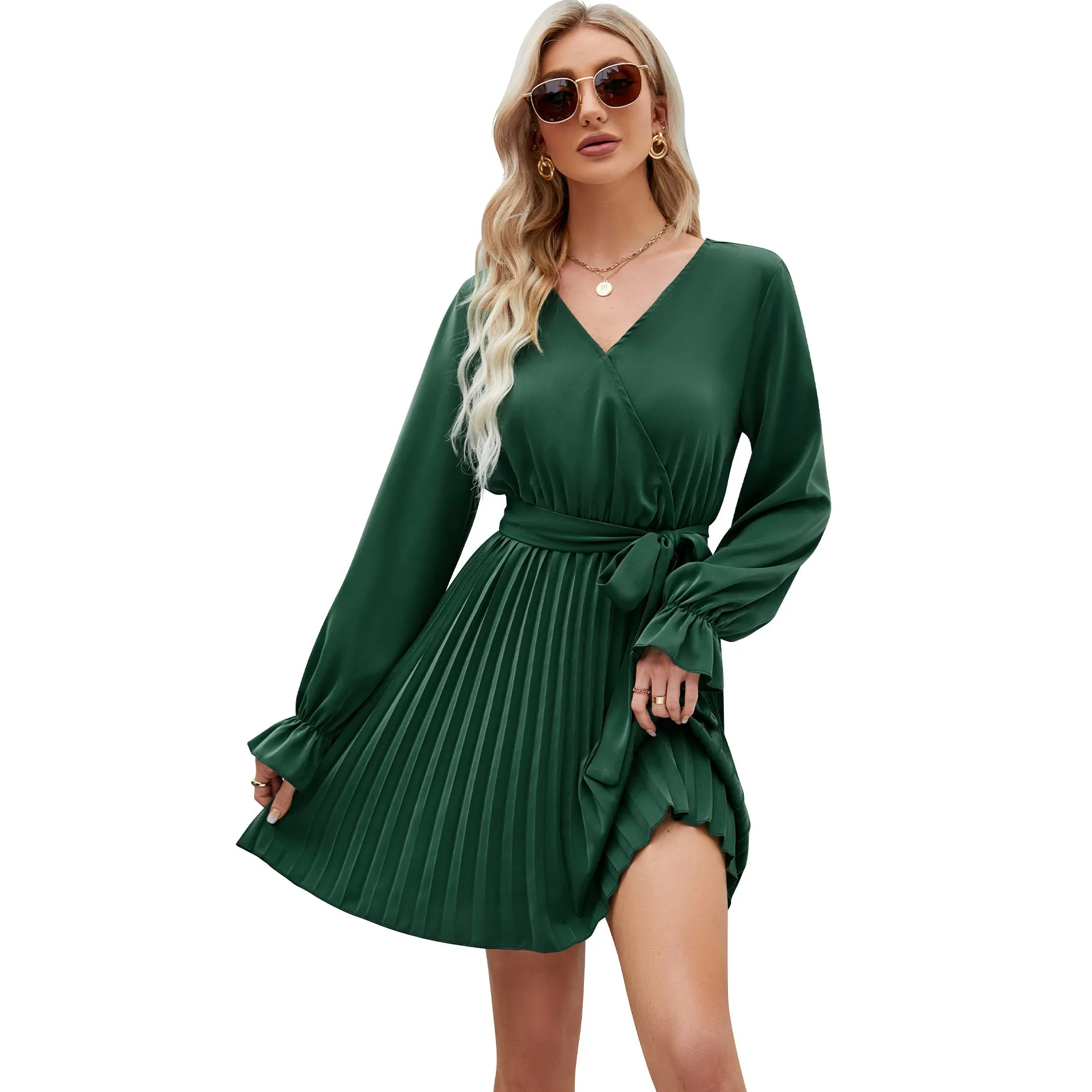 Lantern Sleeve Solid Color V-Neck Pleated Long-Sleeved Dress Wholesale Dresses