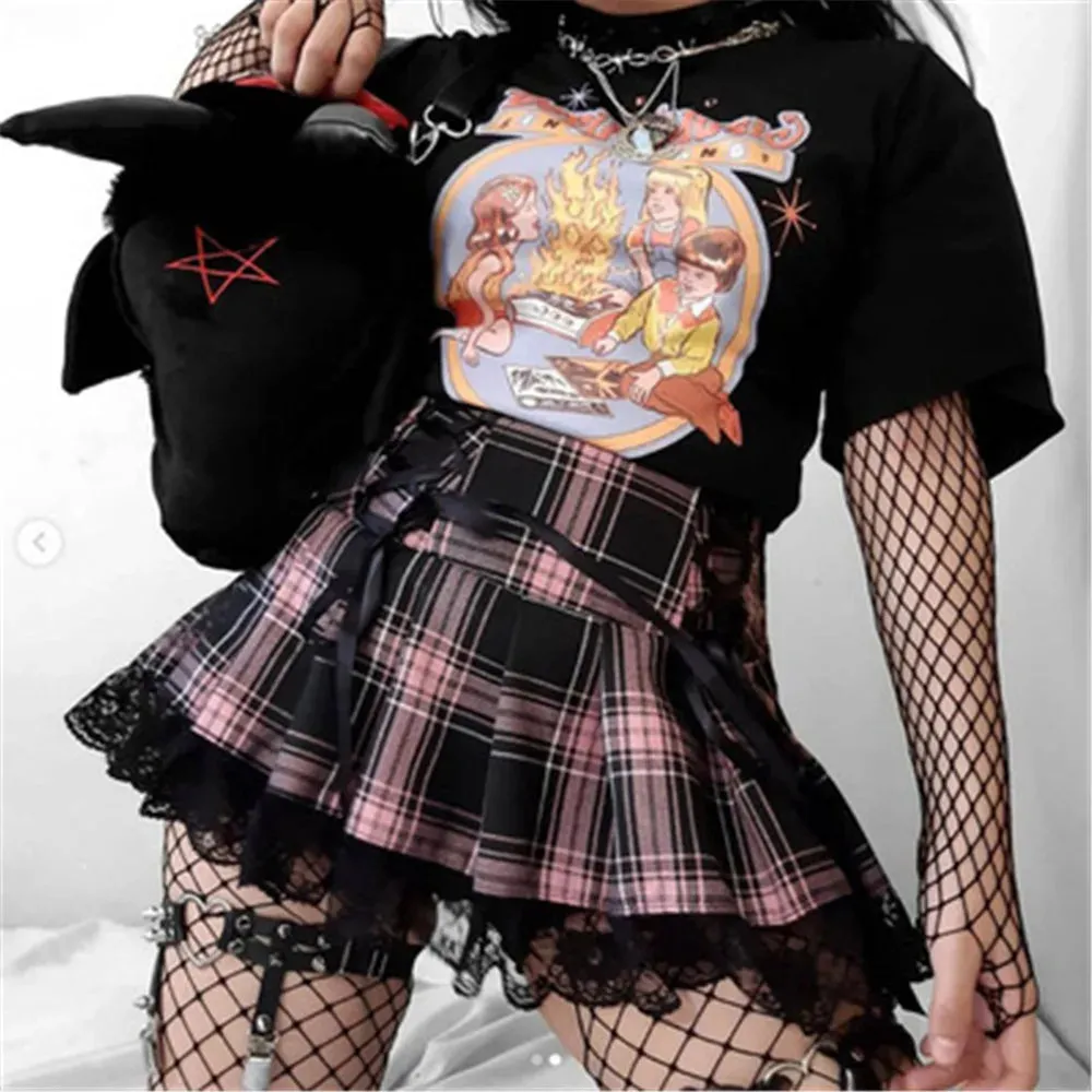 Mall Mini Y2K Streetwear Gothic Bandage Lace High Harajuku Vintage Grunge Women Summer Sexy Waist Skirt