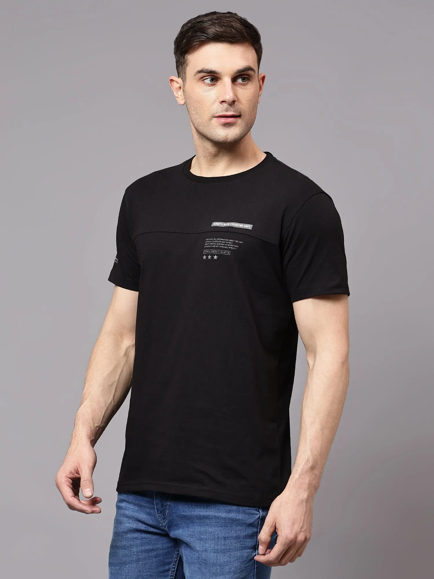 Men's Black  Round neck Half Sleeve T-Shirt with cut & sew and Chest print