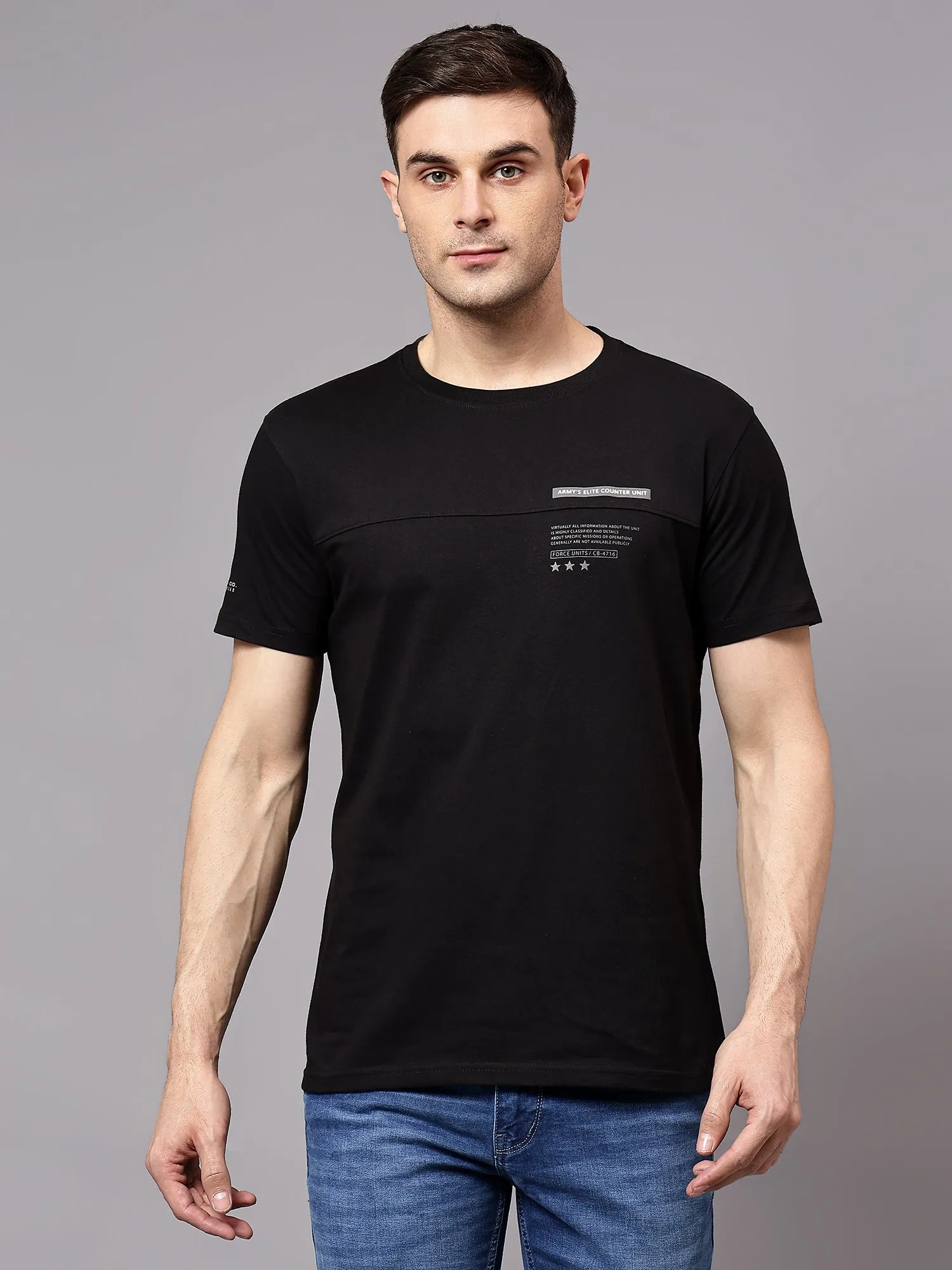 Men's Black  Round neck Half Sleeve T-Shirt with cut & sew and Chest print