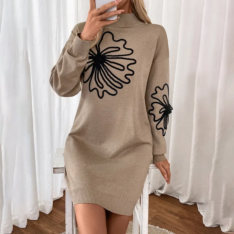 Mid Neck Floral Floral Sweater Dresses Wholesale Womens Clothing N3824091200047