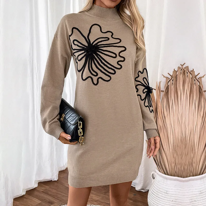 Mid Neck Floral Floral Sweater Dresses Wholesale Womens Clothing N3824091200047