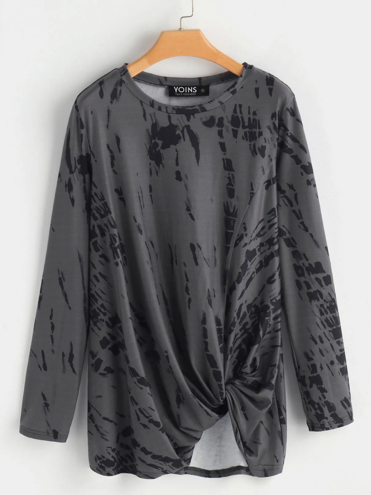 OEM ODM Round Neck Floral Print Crossed Front Long Sleeve Irregular Hem Grey T-Shirts