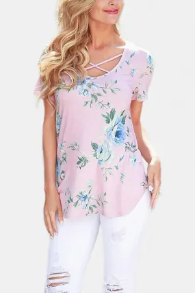 OEM ODM V-Neck Floral Print Short Sleeve Strappy Cross Front Top