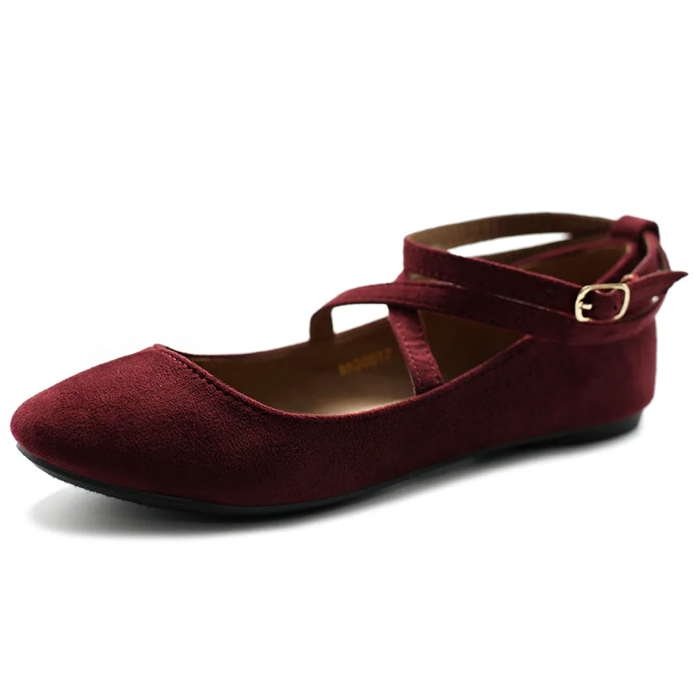 Ollio Women's Shoe Light Comfort Faux Suede Cross Strap Ballet Flats