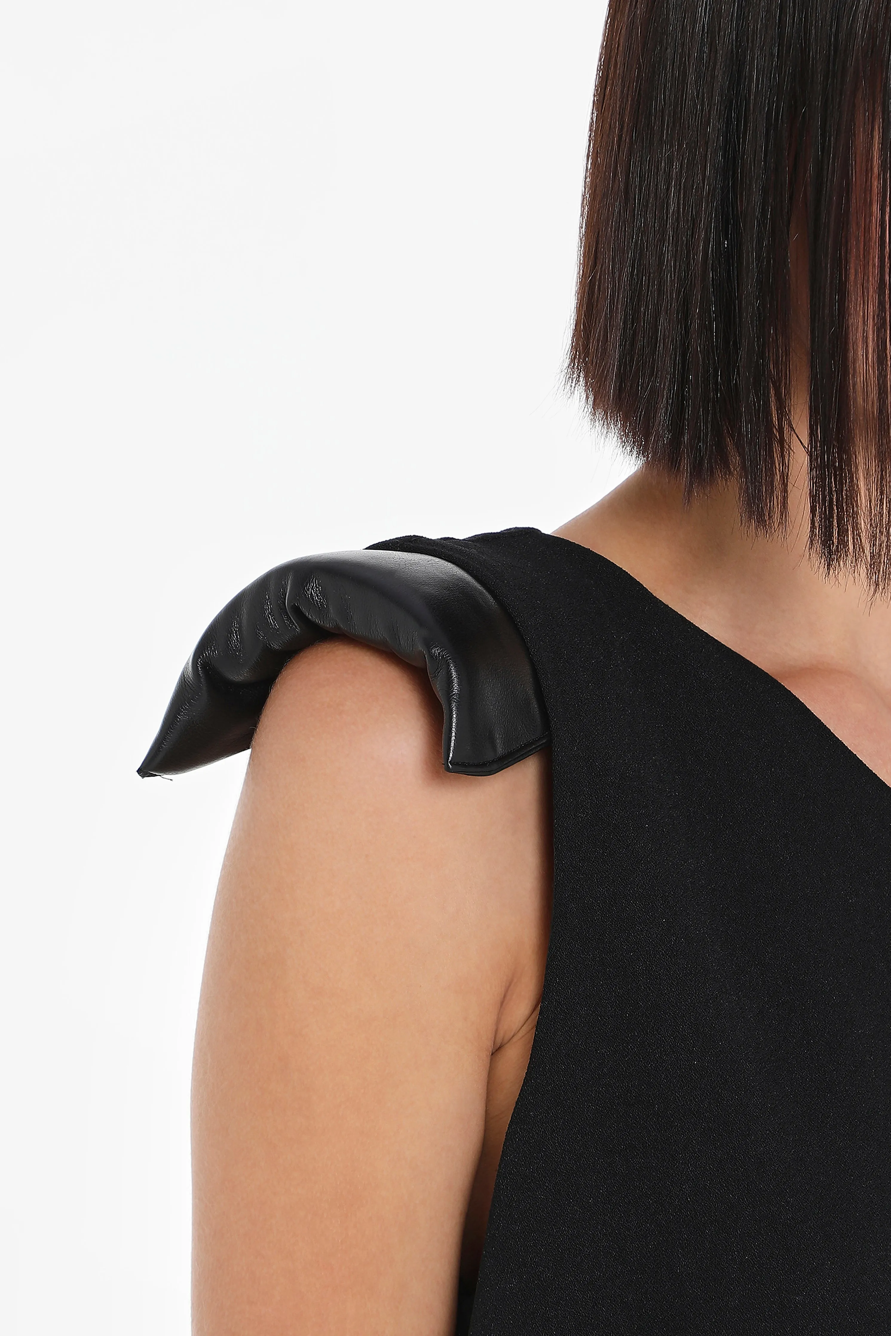 ONE SHOULDER DRESS W/ VEGAN LEATHER SHOULDER PAD