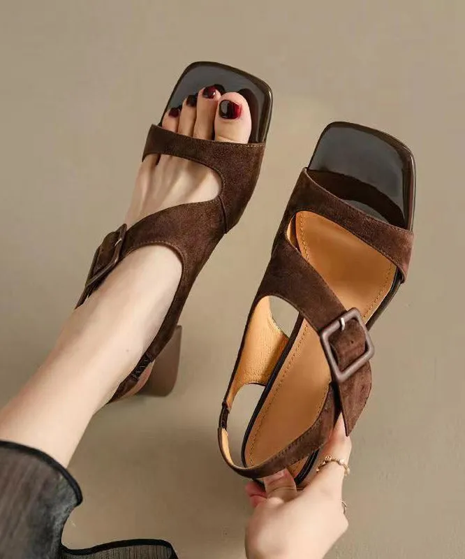 Original Design Brown Cowhide Leather Hollow Out Chunky Heel Sandals JJ081