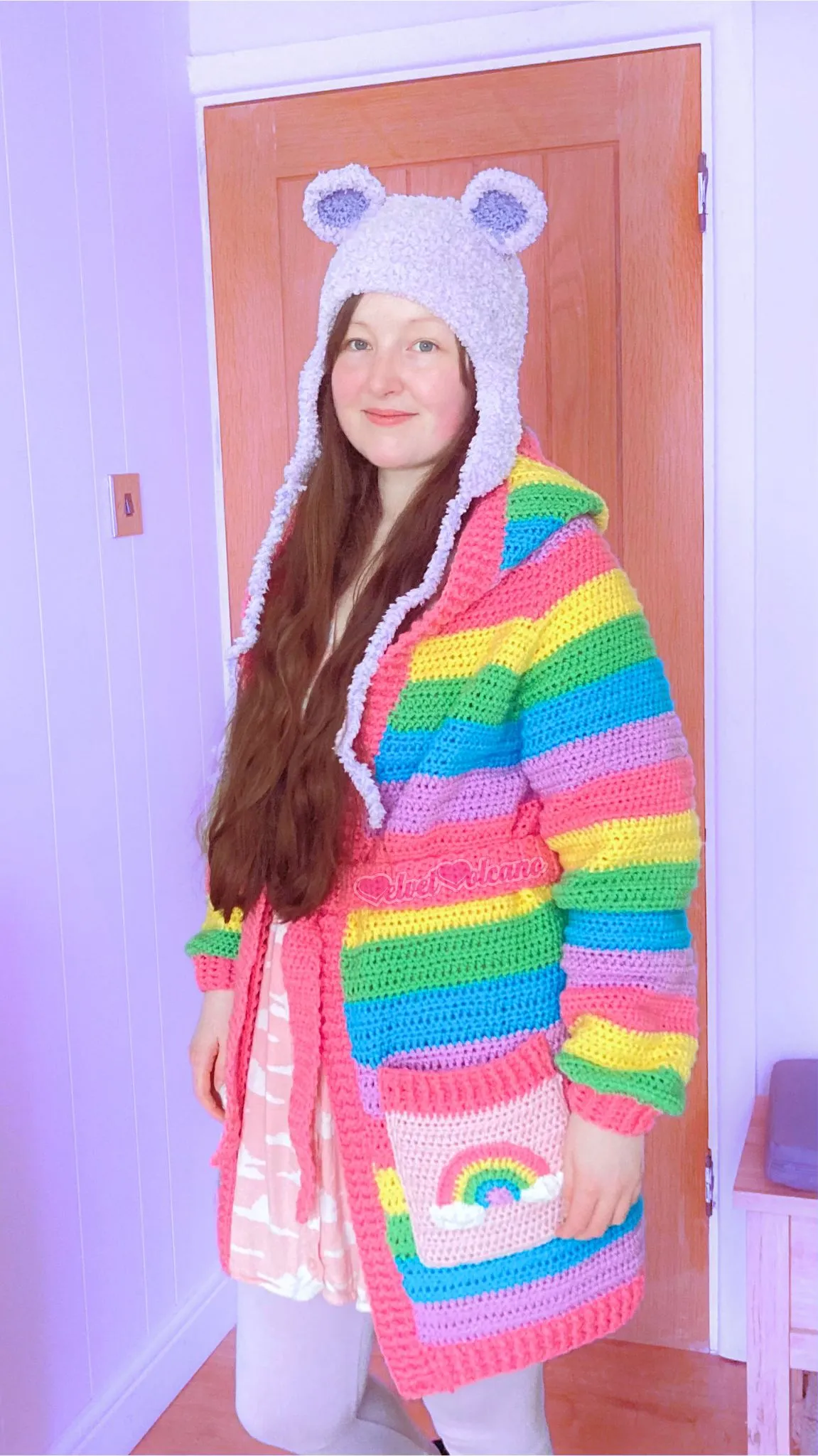 Pastel Rainbow Striped Hooded Cardigan with Cloud Pockets