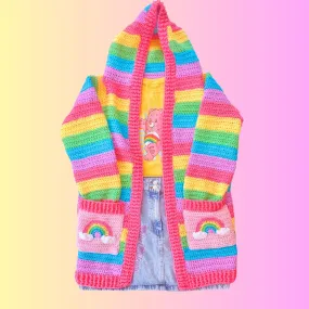 Pastel Rainbow Striped Hooded Cardigan with Cloud Pockets