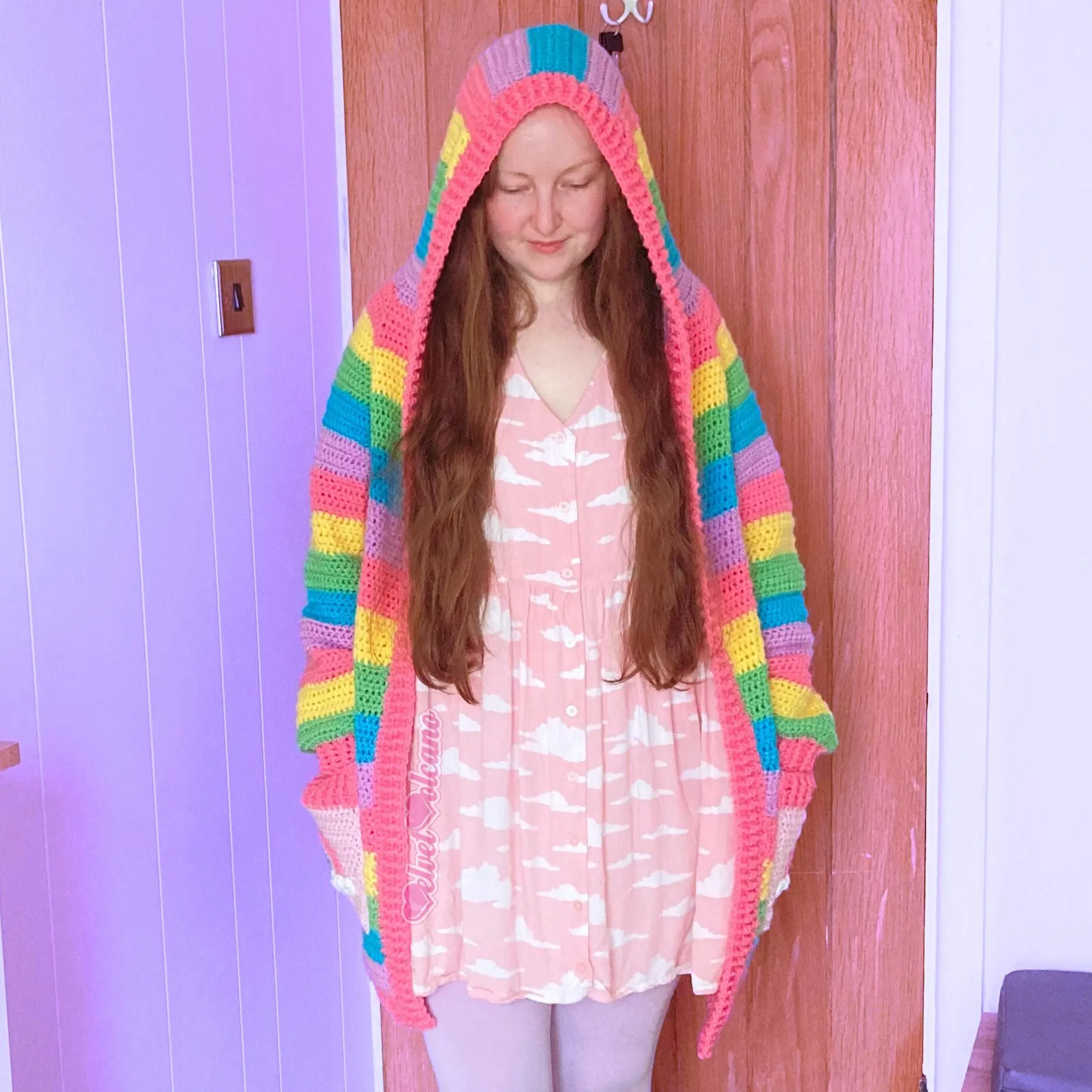 Pastel Rainbow Striped Hooded Cardigan with Cloud Pockets