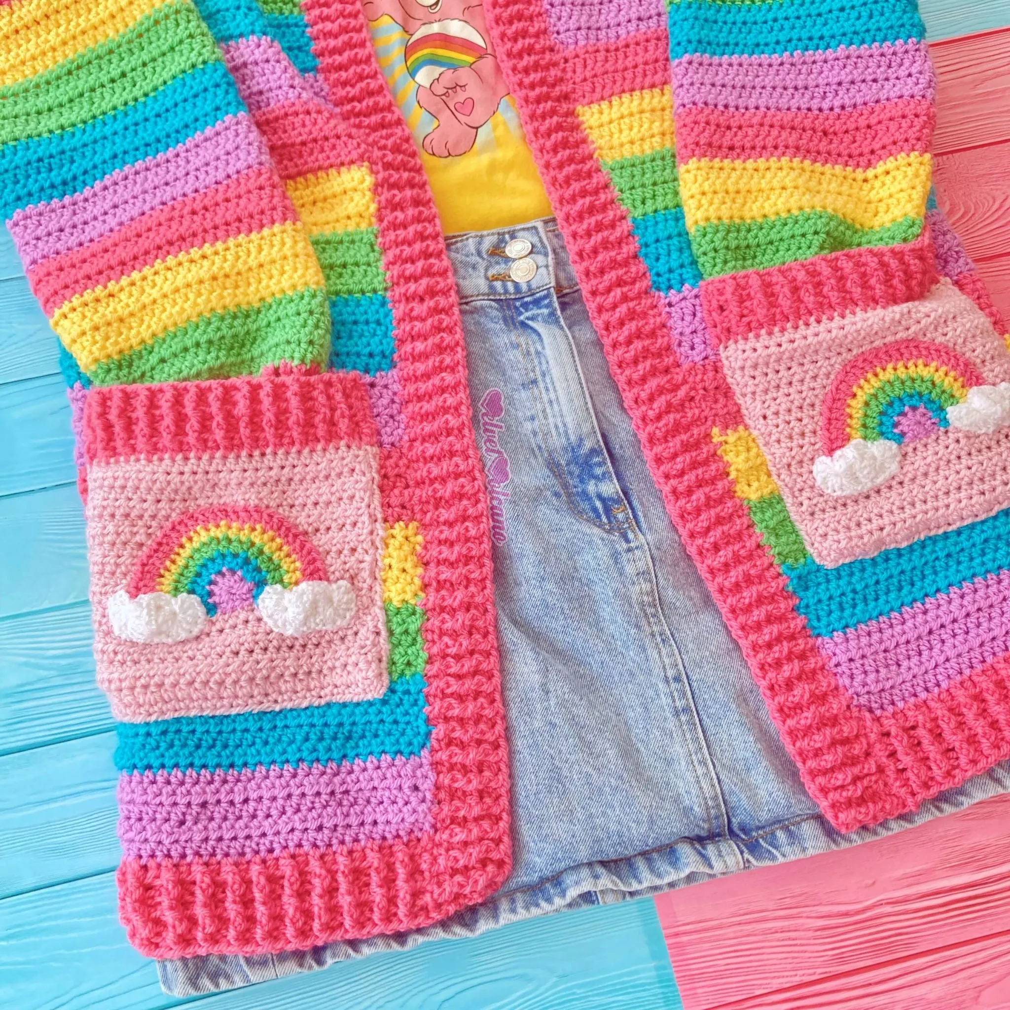 Pastel Rainbow Striped Hooded Cardigan with Cloud Pockets