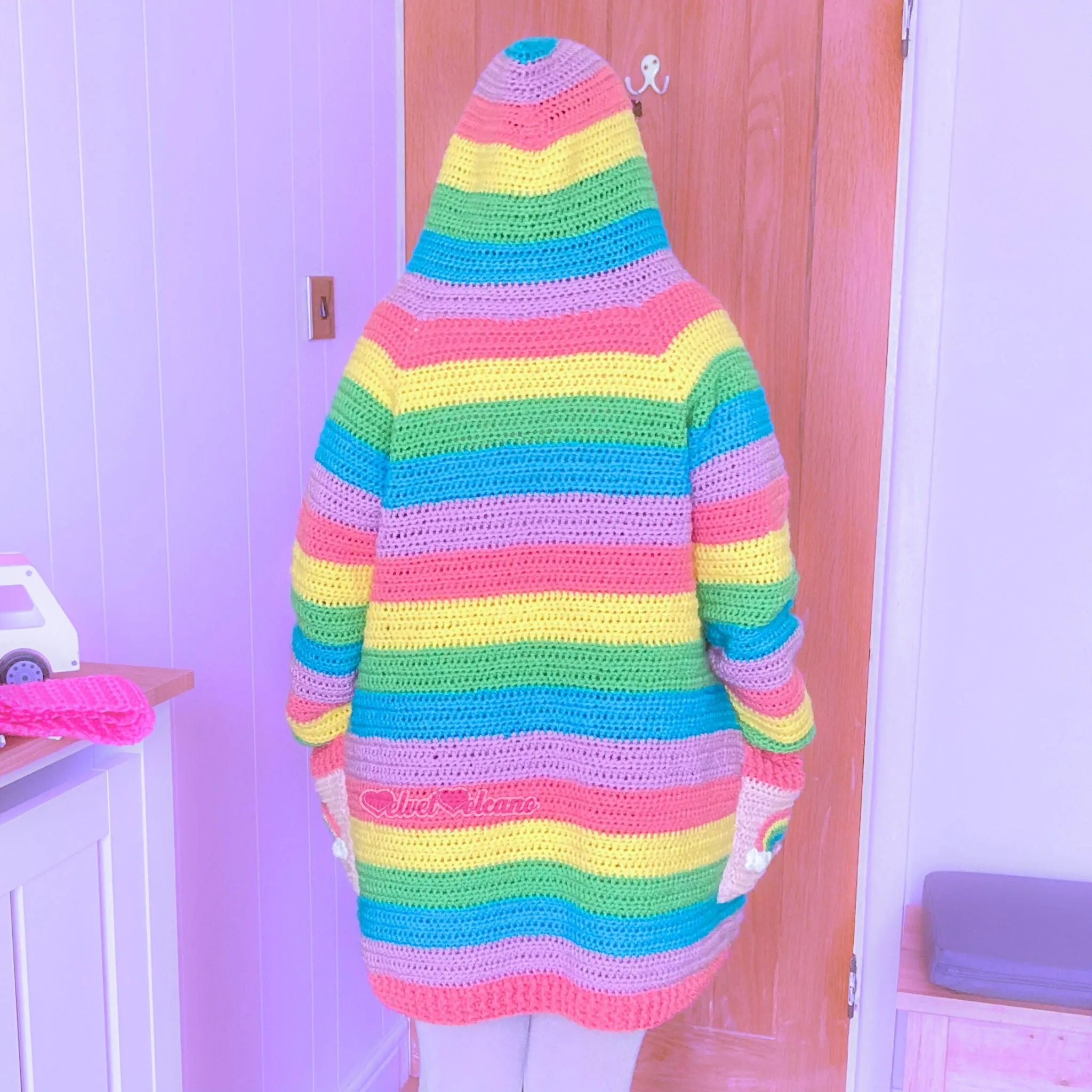 Pastel Rainbow Striped Hooded Cardigan with Cloud Pockets