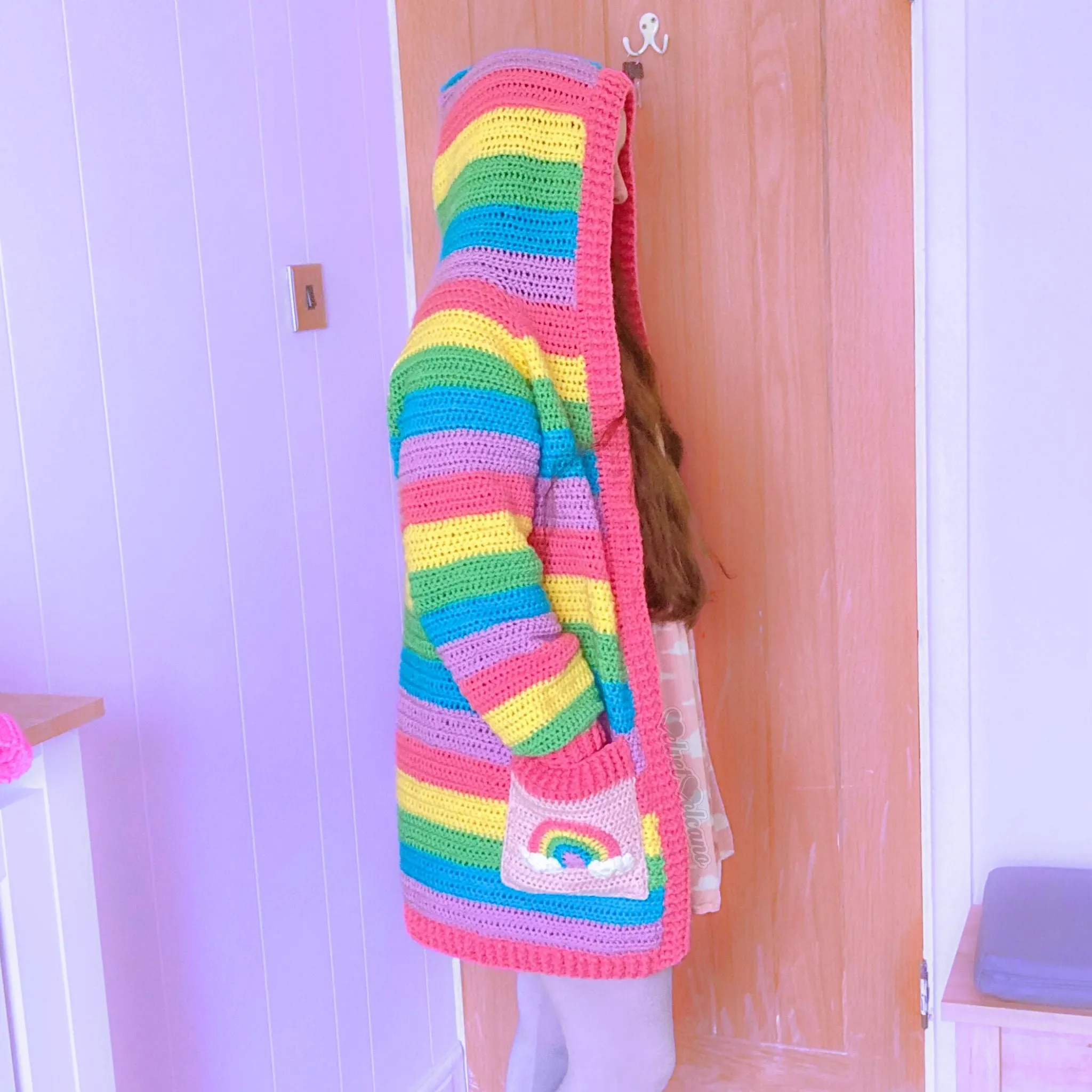 Pastel Rainbow Striped Hooded Cardigan with Cloud Pockets