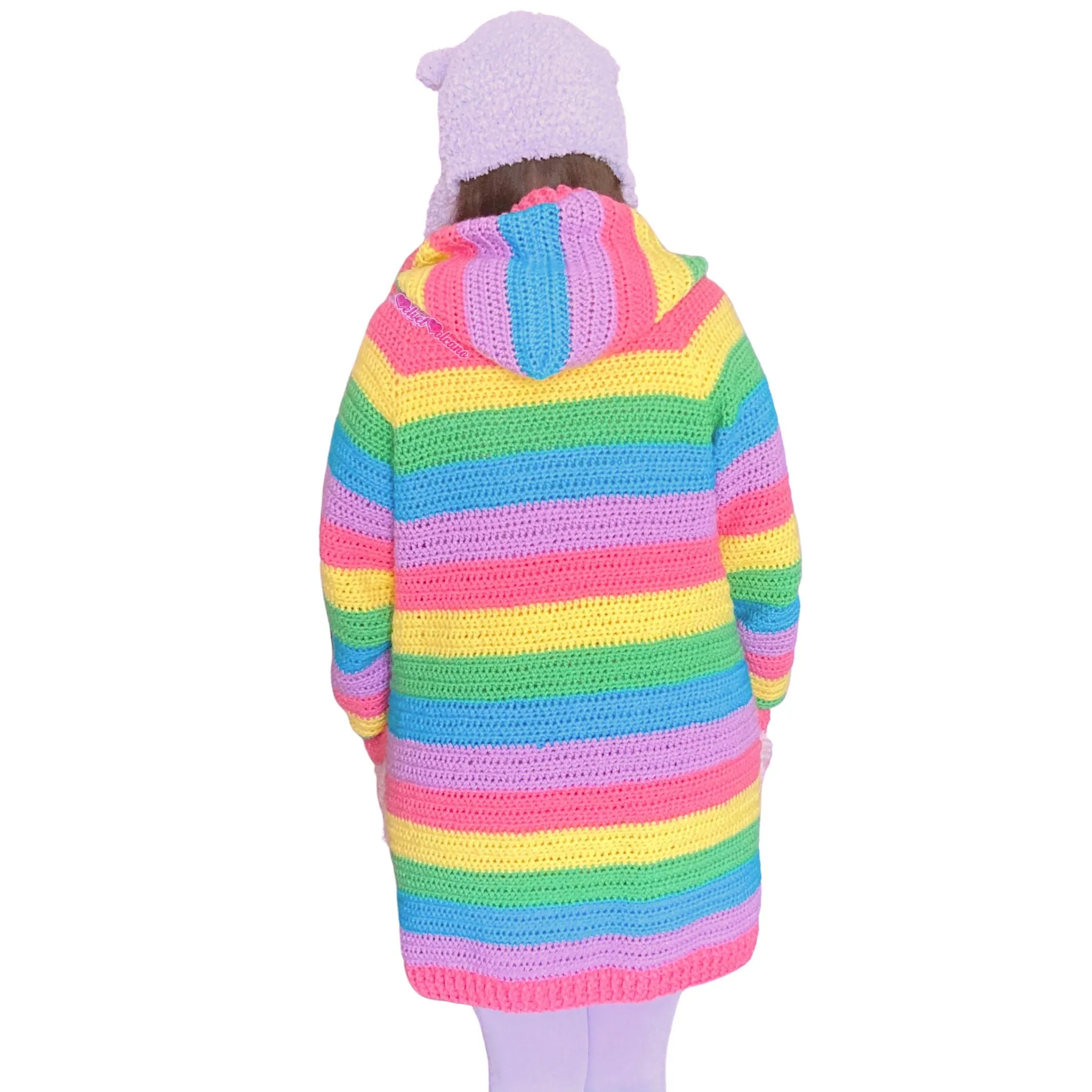 Pastel Rainbow Striped Hooded Cardigan with Cloud Pockets