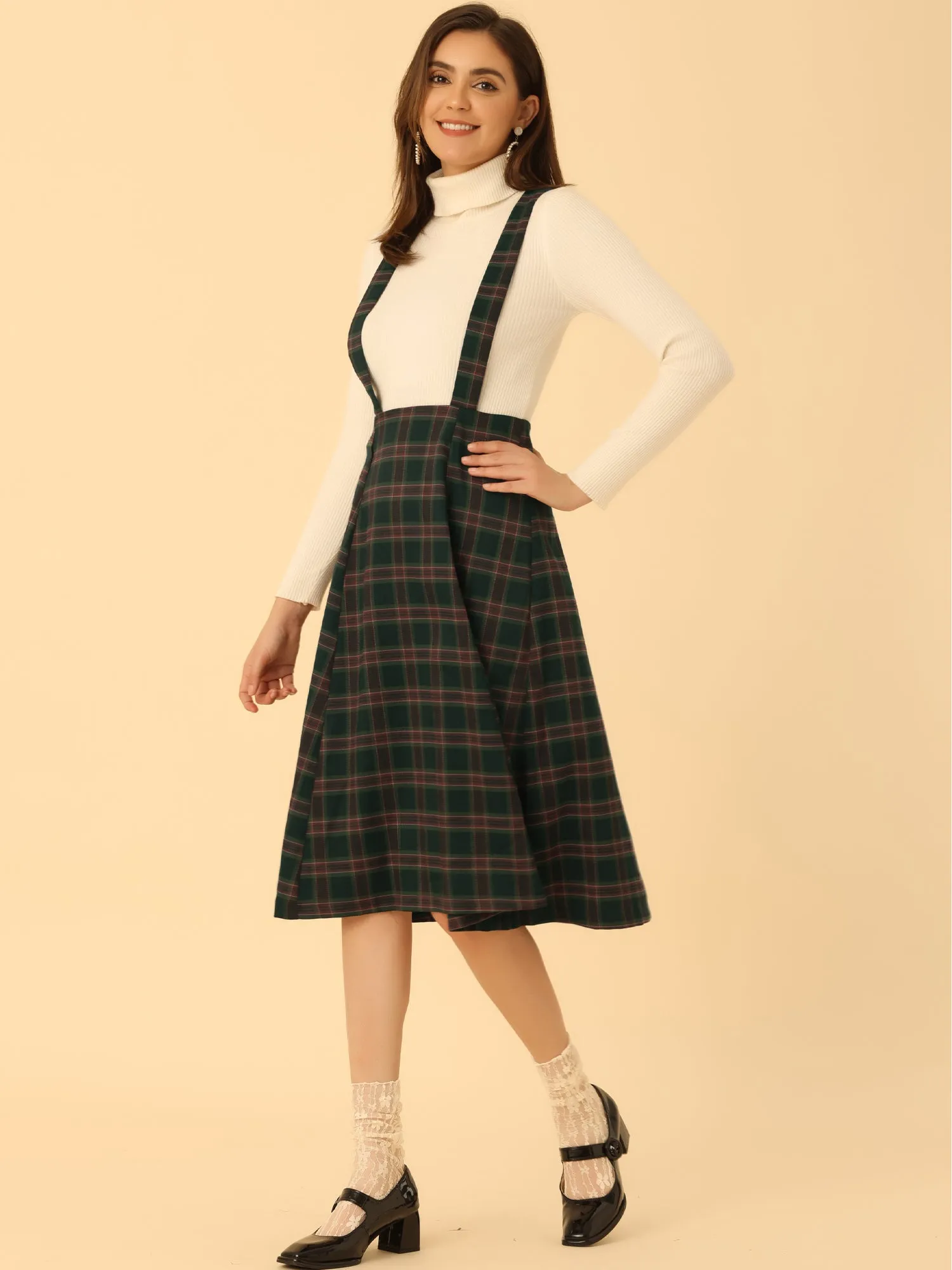 Plaid Overall Dress High Waist A-Line Tartan Suspender Midi Skirt