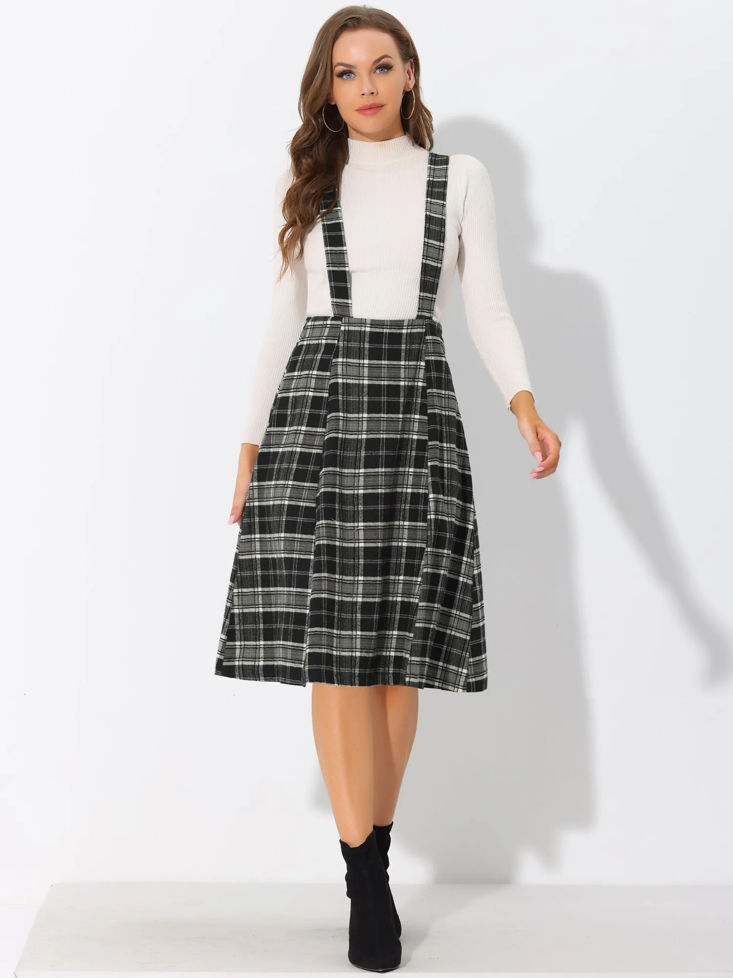 Plaid Overall Dress High Waist A-Line Tartan Suspender Midi Skirt