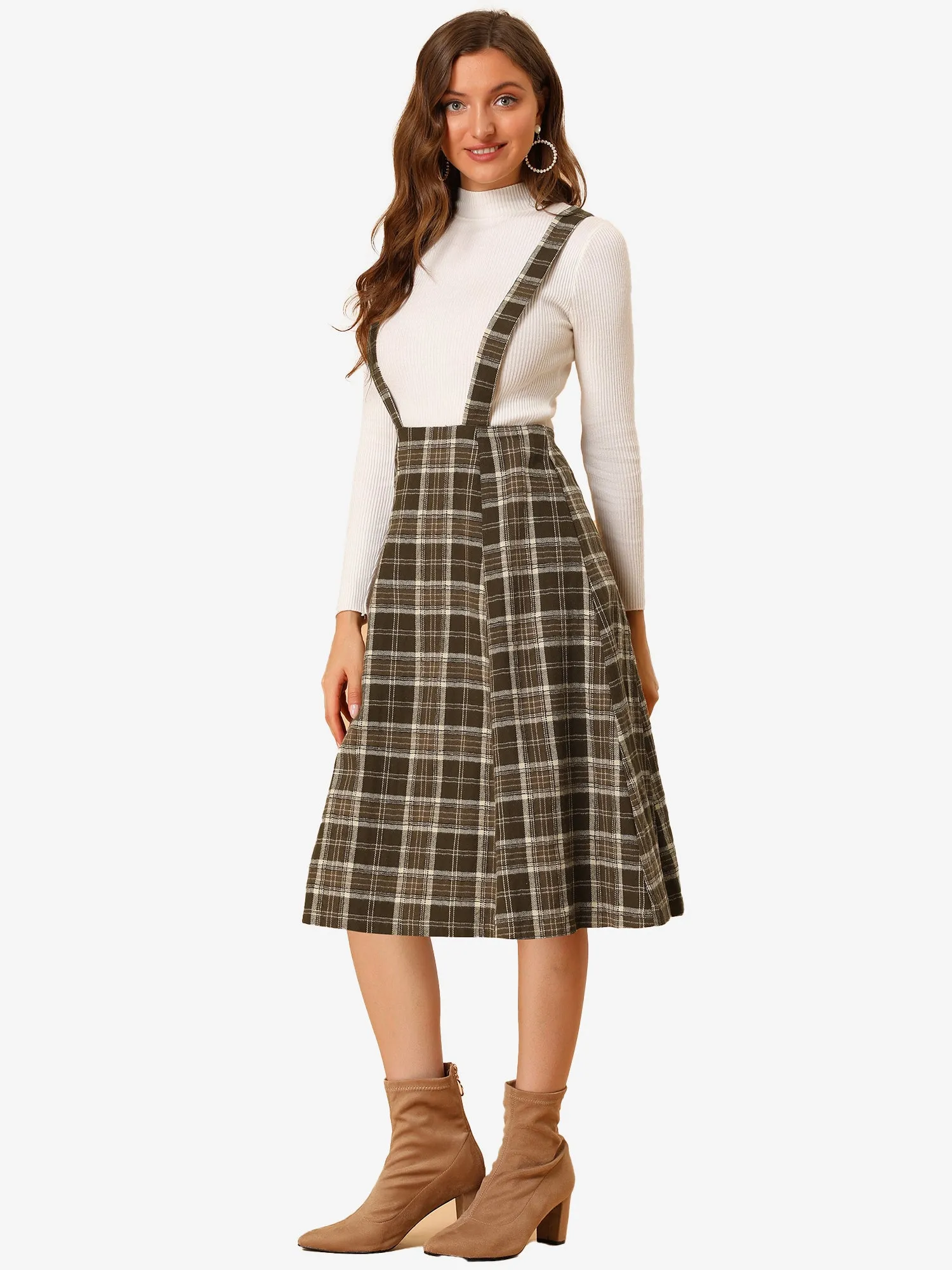 Plaid Overall Dress High Waist A-Line Tartan Suspender Midi Skirt