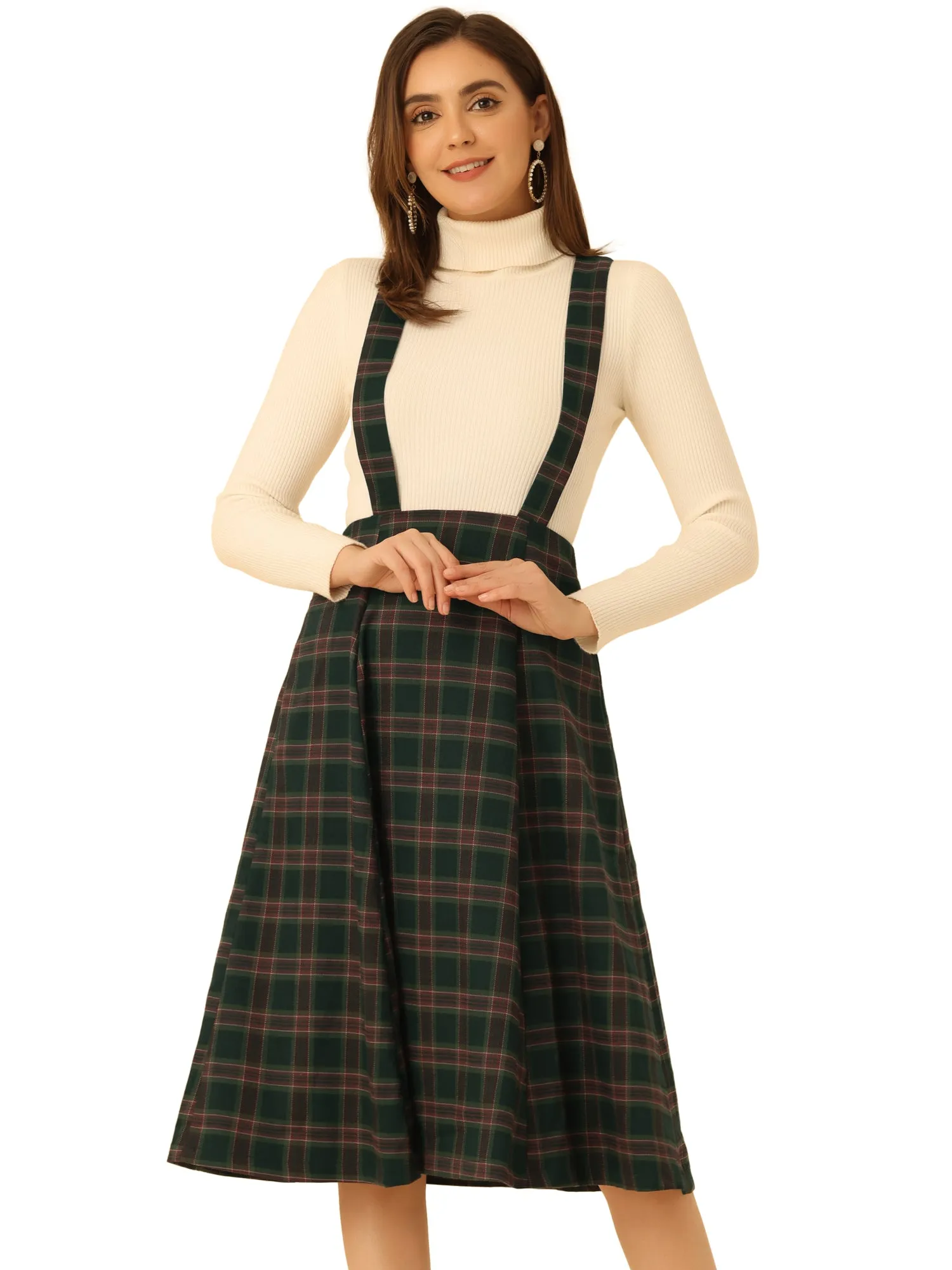 Plaid Overall Dress High Waist A-Line Tartan Suspender Midi Skirt