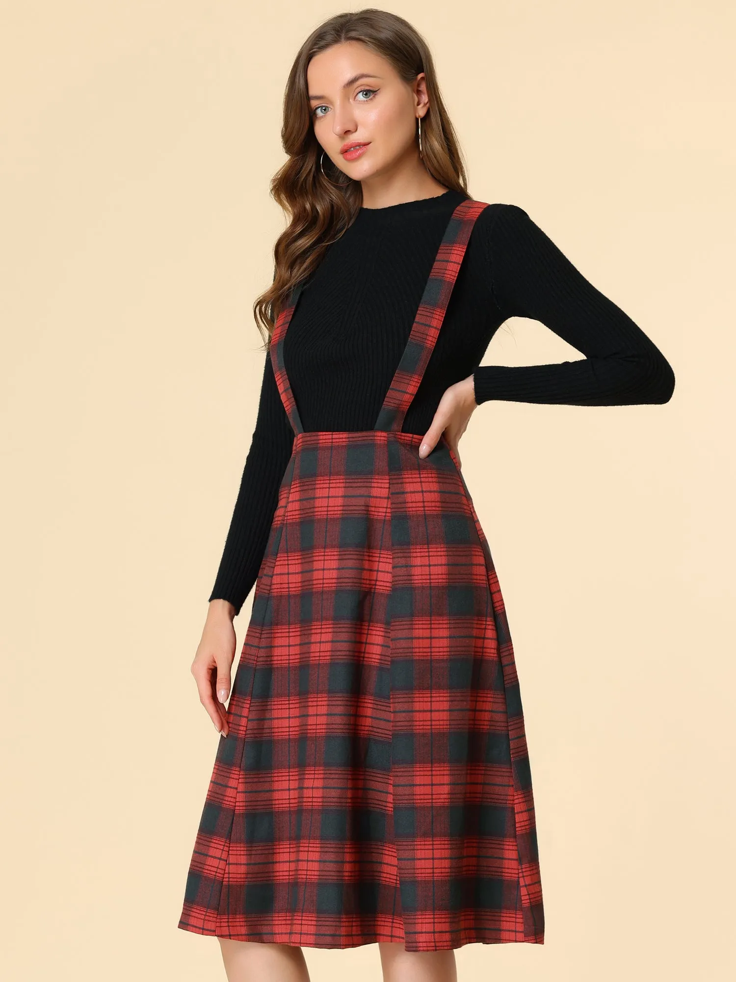 Plaid Overall Dress High Waist A-Line Tartan Suspender Midi Skirt