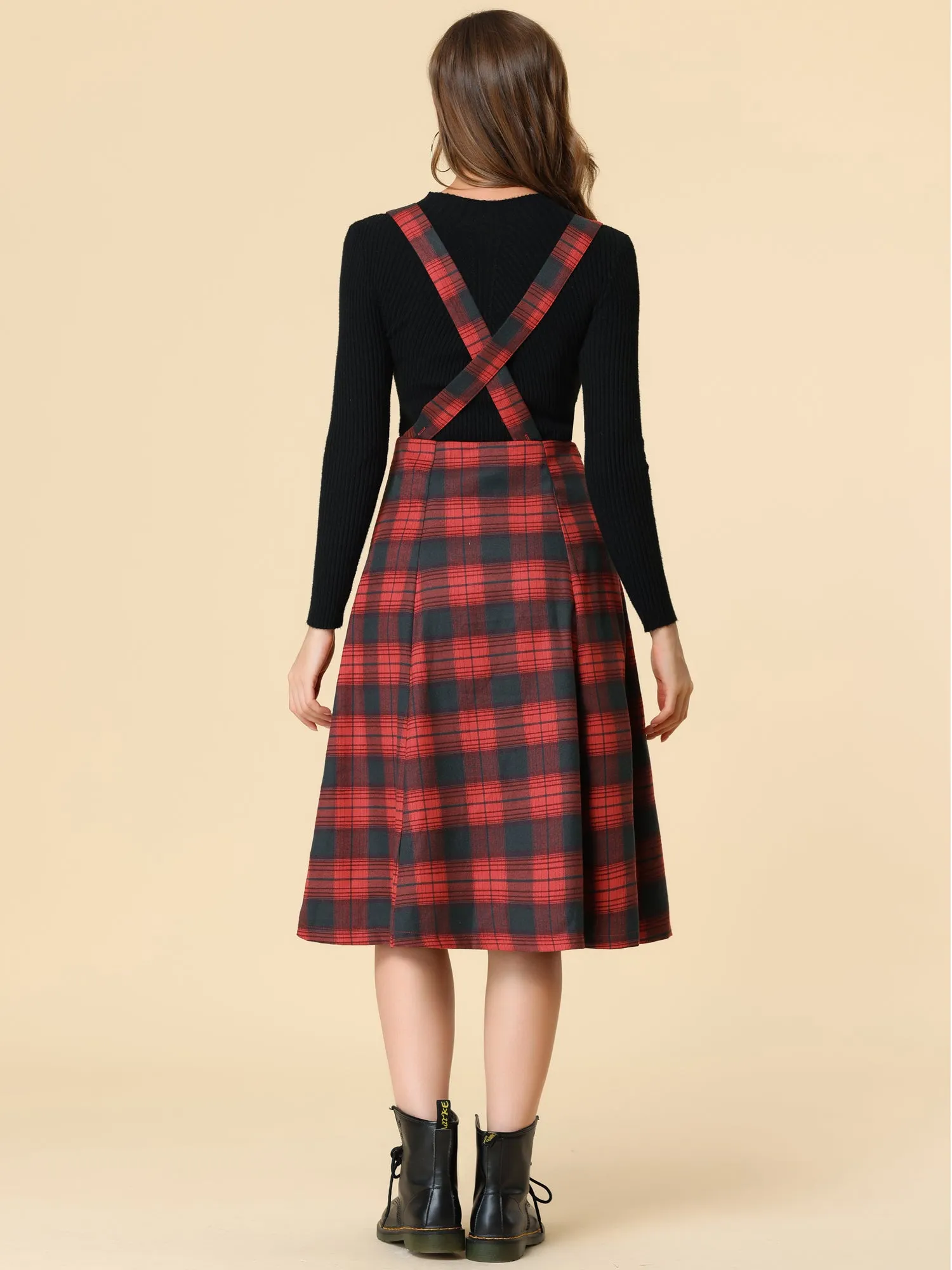 Plaid Overall Dress High Waist A-Line Tartan Suspender Midi Skirt