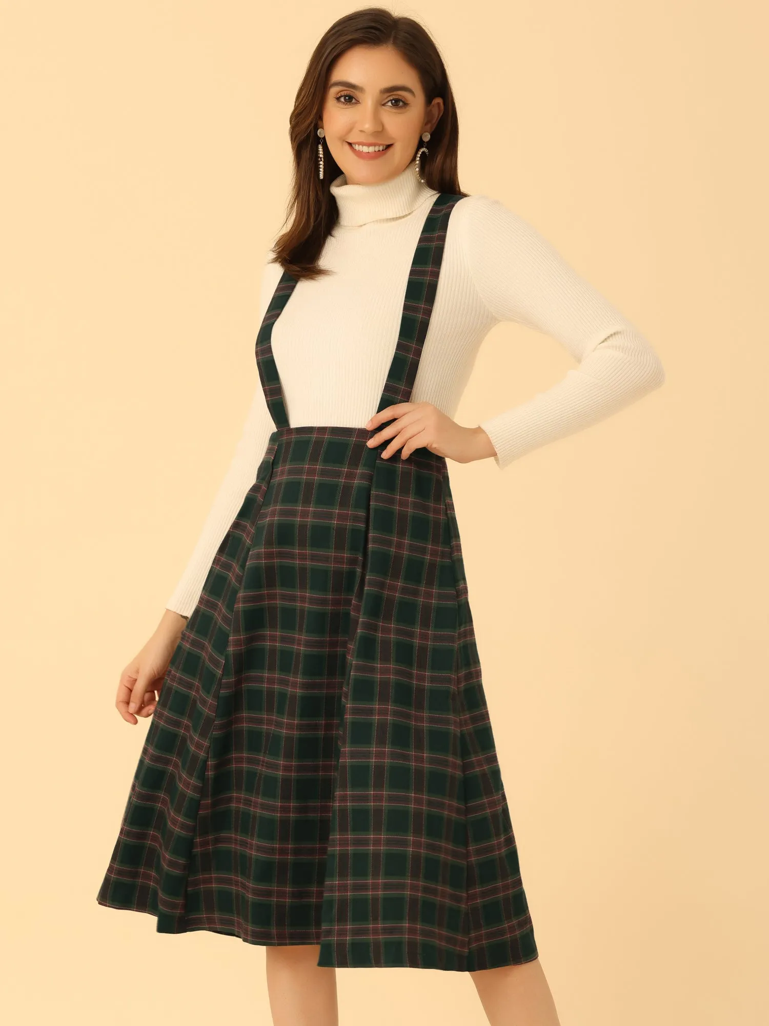 Plaid Overall Dress High Waist A-Line Tartan Suspender Midi Skirt