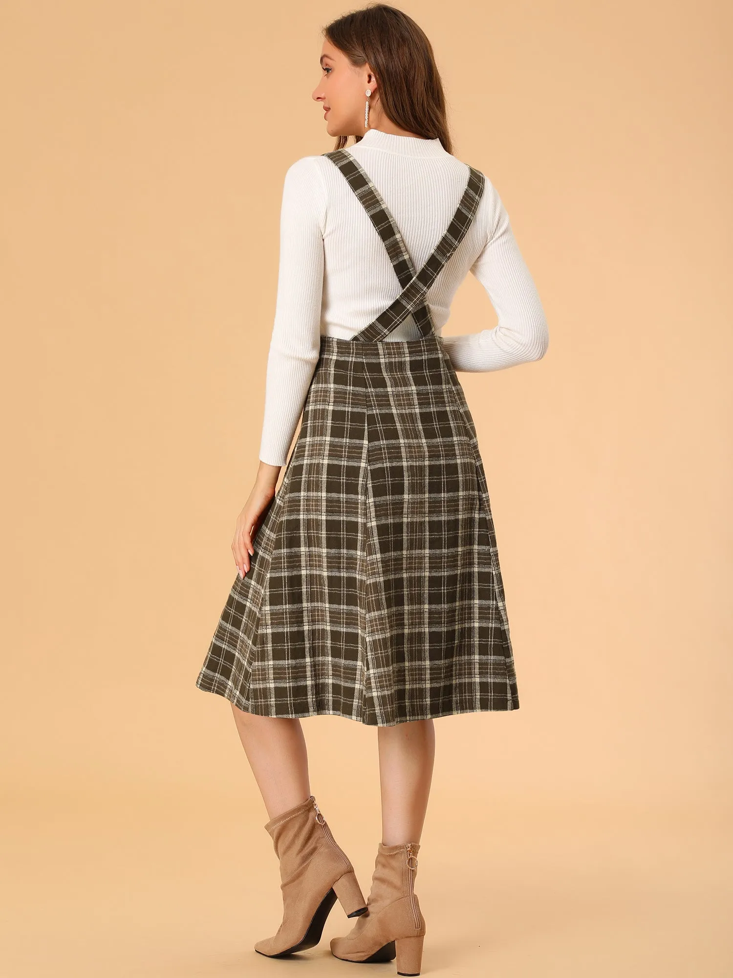 Plaid Overall Dress High Waist A-Line Tartan Suspender Midi Skirt