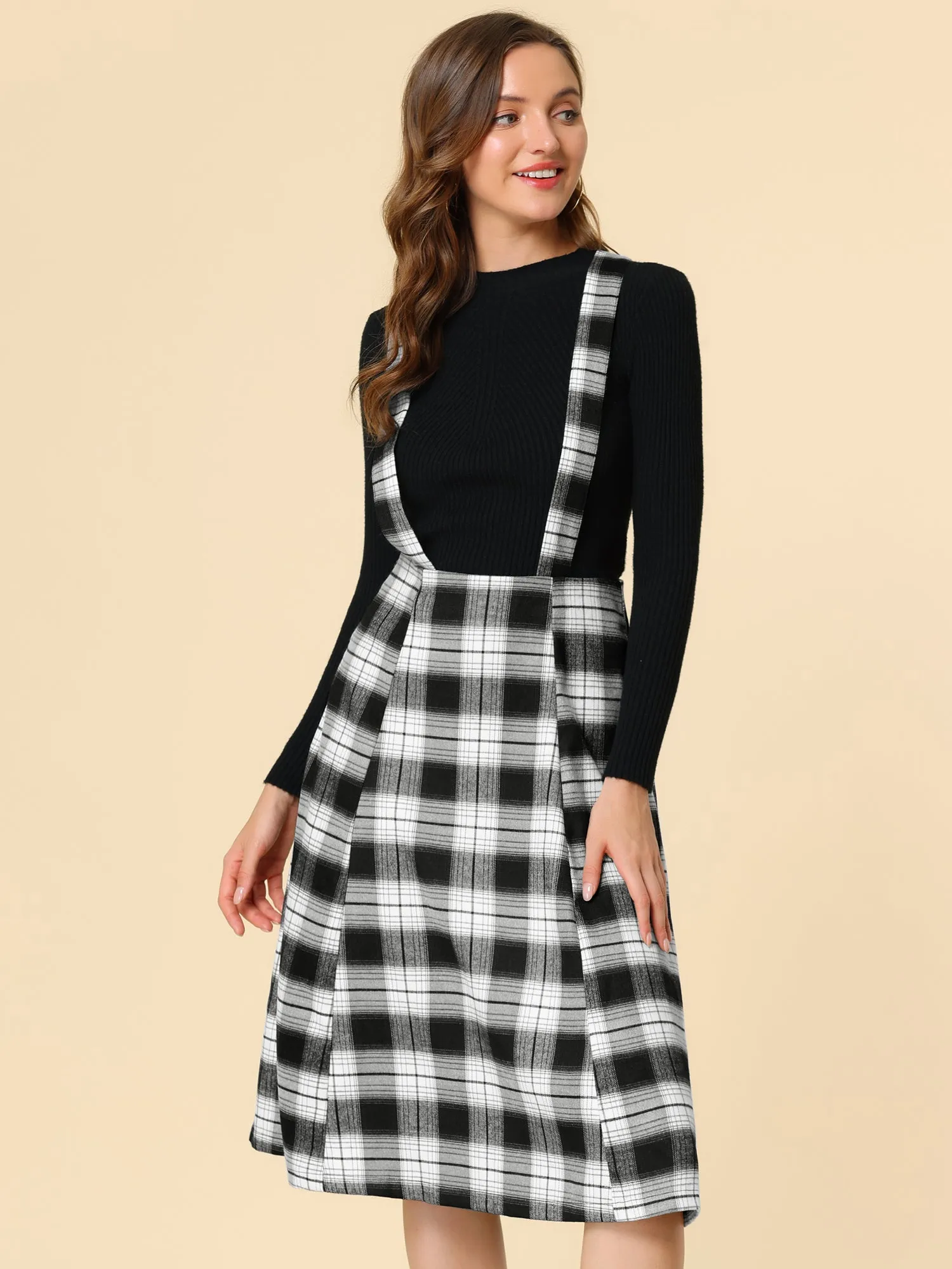 Plaid Overall Dress High Waist A-Line Tartan Suspender Midi Skirt